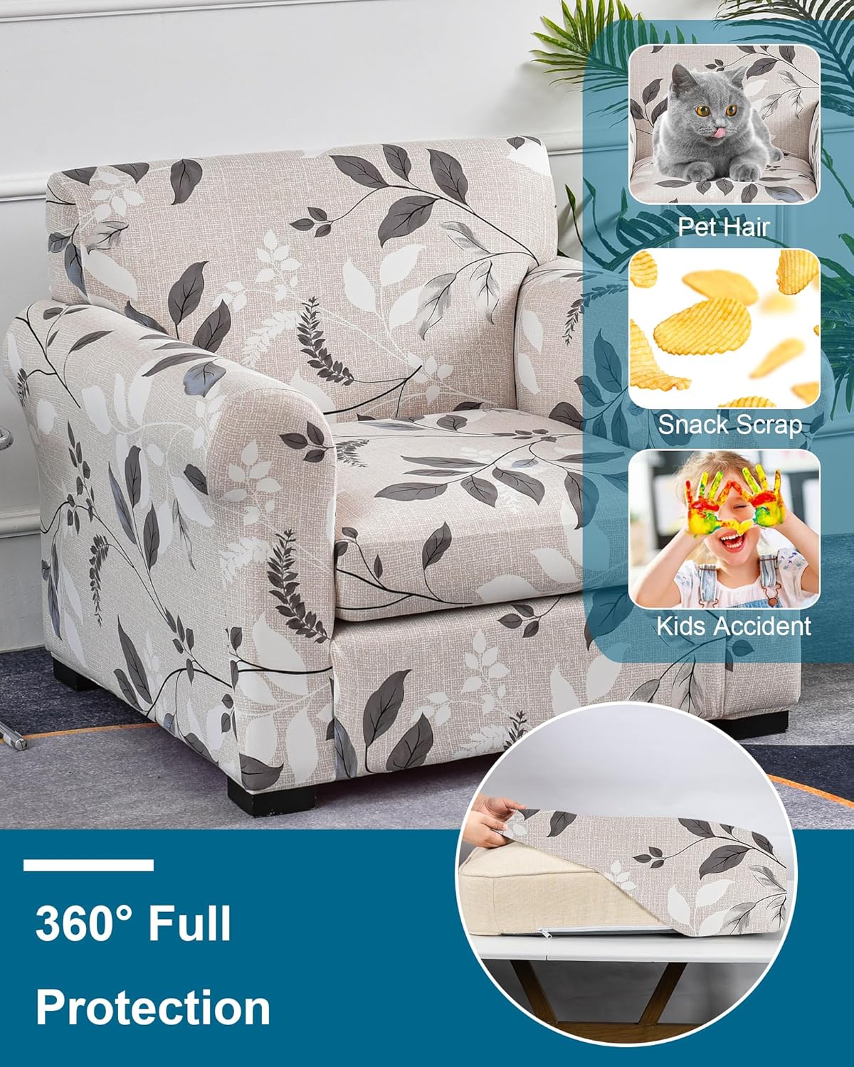 CRFATOP 2 Piece Floral Soft Chair Covers for Dogs Stretch Armchair Cover Slipcovers for 1 Seater Chair Slip Cover Washable Sofa Furniture Covers with 1 Individual Cushion Covers,(Small,04)