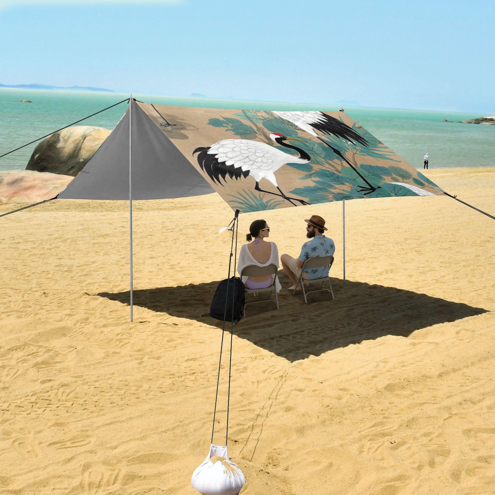 Grand pare-soleil pliable avec pelle à sable, sacs de sable, poteaux de stabilité pour les voyages en famille, les pique-niques et le camping Beige