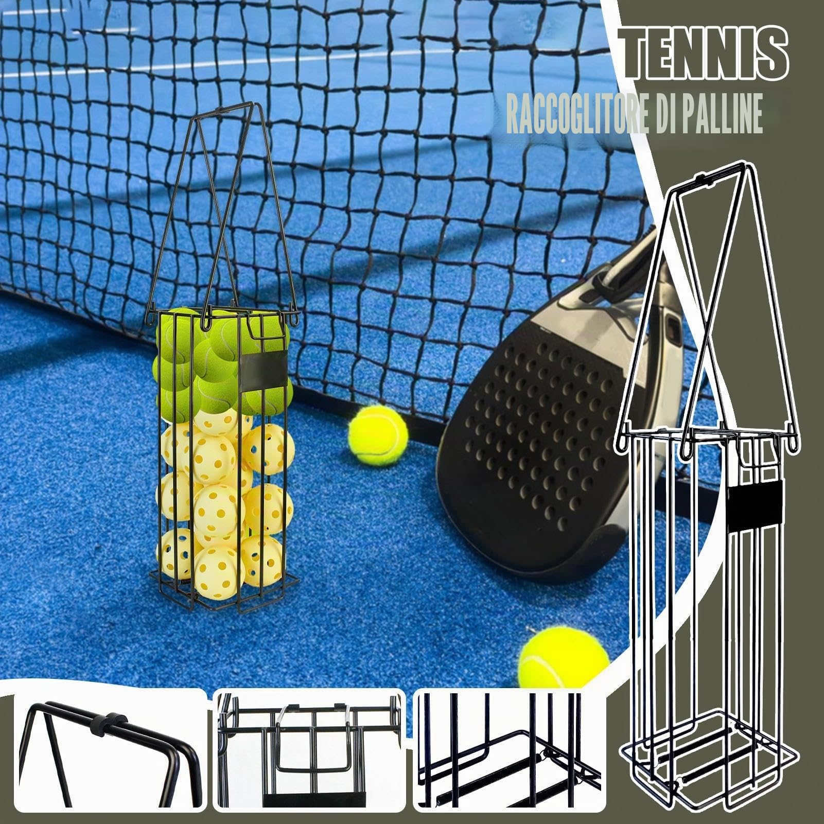 Generico Cestello Raccolta Palline Tennis, Cesto Da Tennis, Raccoltore Ergonomico con Grande Capacità, Leggero e Portatile per Pratica, Campi da Pallavolo, Softball e Baseball