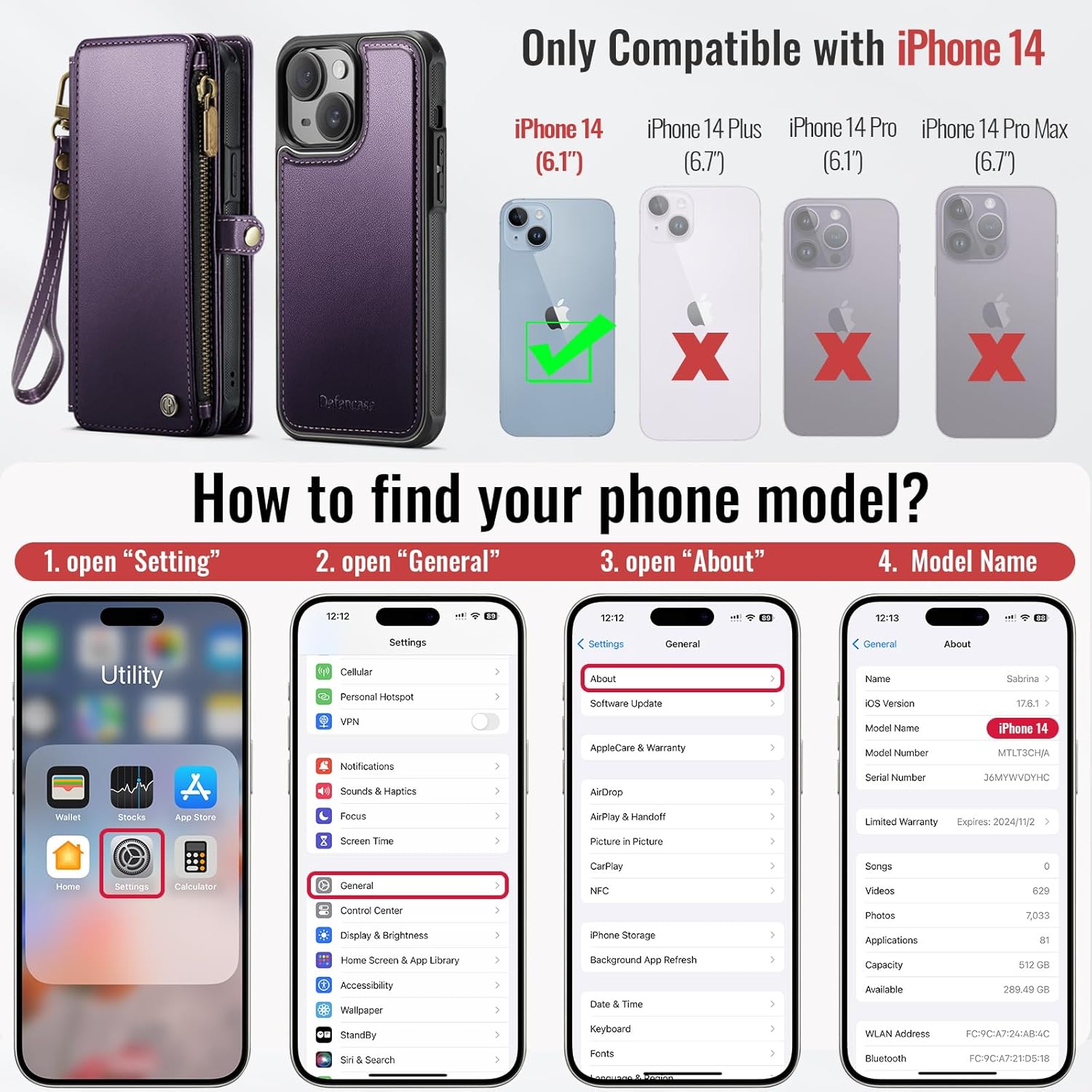 Defencase for iPhone 14 Magnetic Wallet Case Compatible with Magsafe with RFID Blocking Zipper & Card Holder for Women Men, PU Leather Strap Detachable Phone Case for iPhone 14 (6.1 inches), Purple