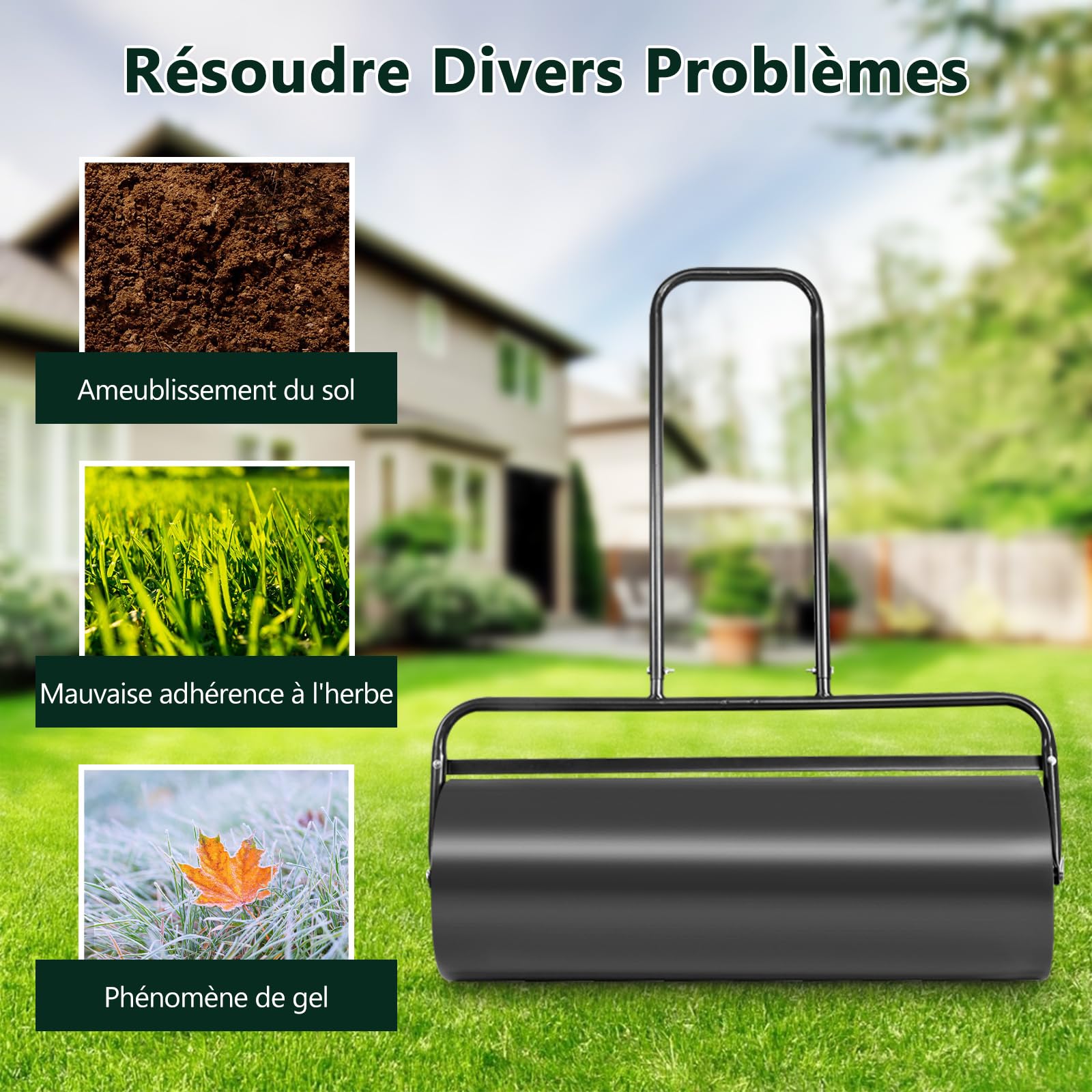 RELAX4LIFE Rodillo para Césped de Jardín Ancho 60cm Ø 32cm con Mango Ergonómico, Rodillo Césped Rellenable con Agua o Arena para jardín y Patio (48L|112x60x32CM, Negro)