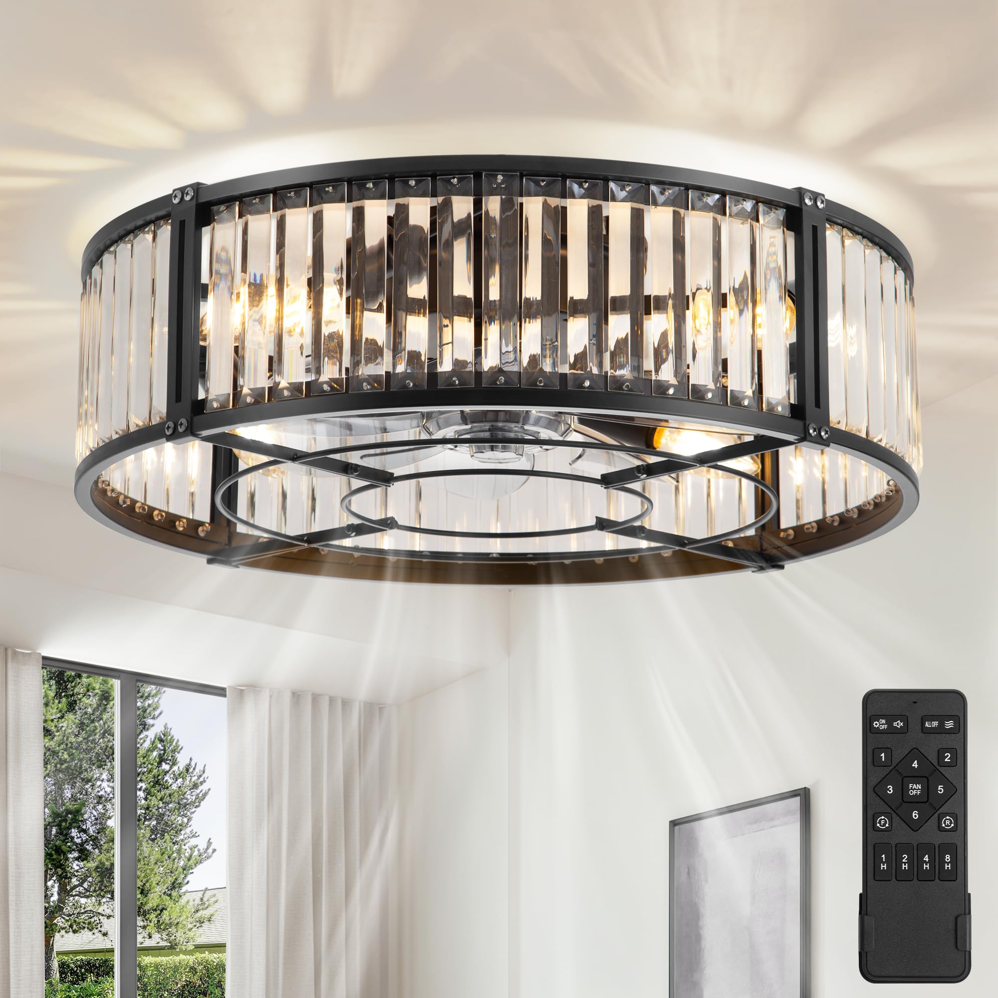 Photo 1 of 20 Inch Fandelier Ceiling Fan with Light, Crystal Chandelier Ceiling Fans, Caged Ceiling Fan with 6-Speeds, 1/2/4/8H Timer, Quiet DC Motor, Black Flush Mount Ceiling Fans for Bedroom, Living Room