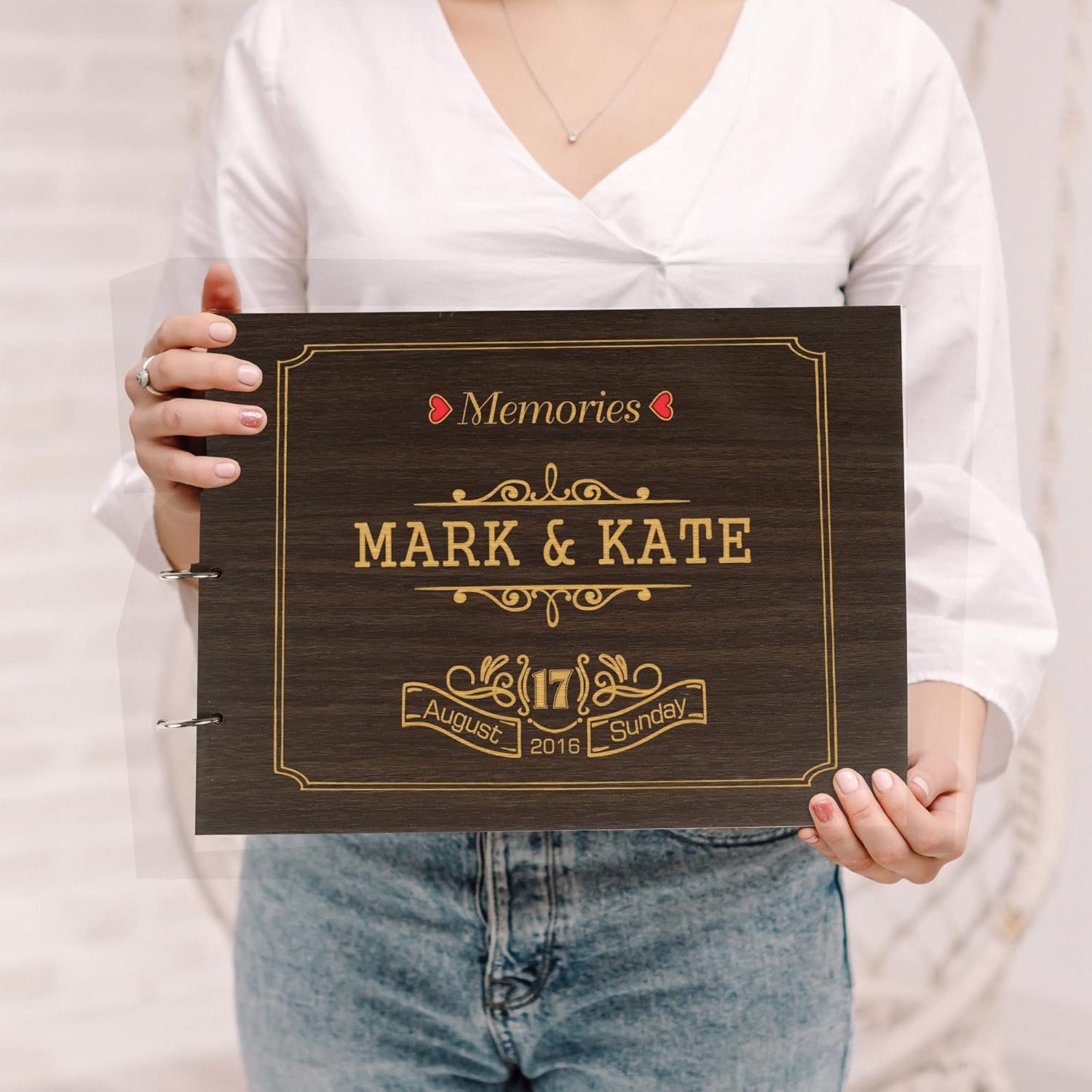 Darling Souvenir Personalized Engraved Laser Cut Wedding Guest Book Wooden Cover Sign-in Book Registry Guestbook Scrapbook-3N