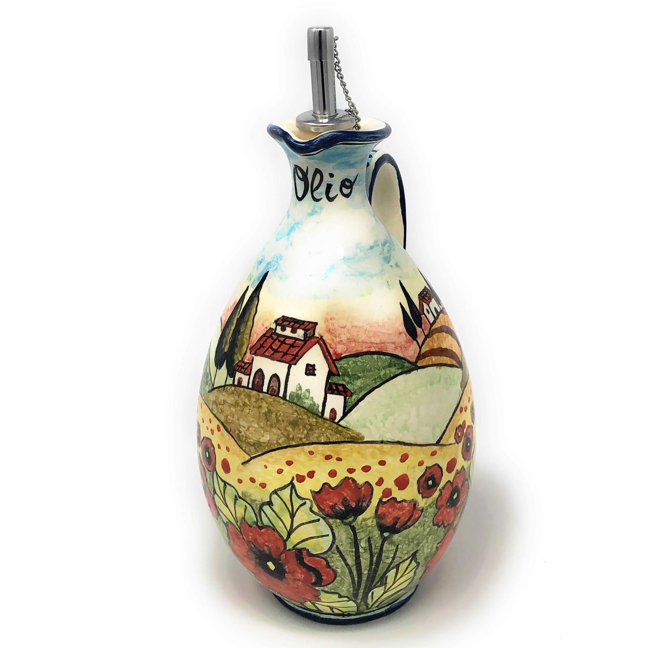 CERAMICHE D'ARTE PARRINI - Italian Ceramic Art Pottery Oil Dispenser Cruet Pattern Landscaper Poppies Tuscan Hand Painted Made in ITALY