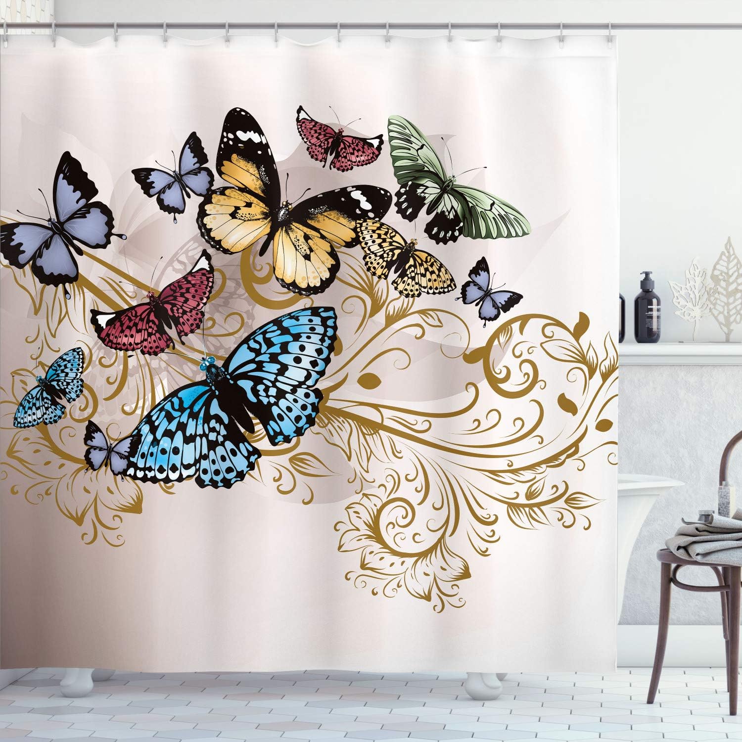Ambesonne Butterfly Shower Curtain, Monarch Butterflies Vintage Damask Inspired Design, Cloth Fabric Bathroom Decor Set with Hooks, 70" Long, Fuchsia Pink