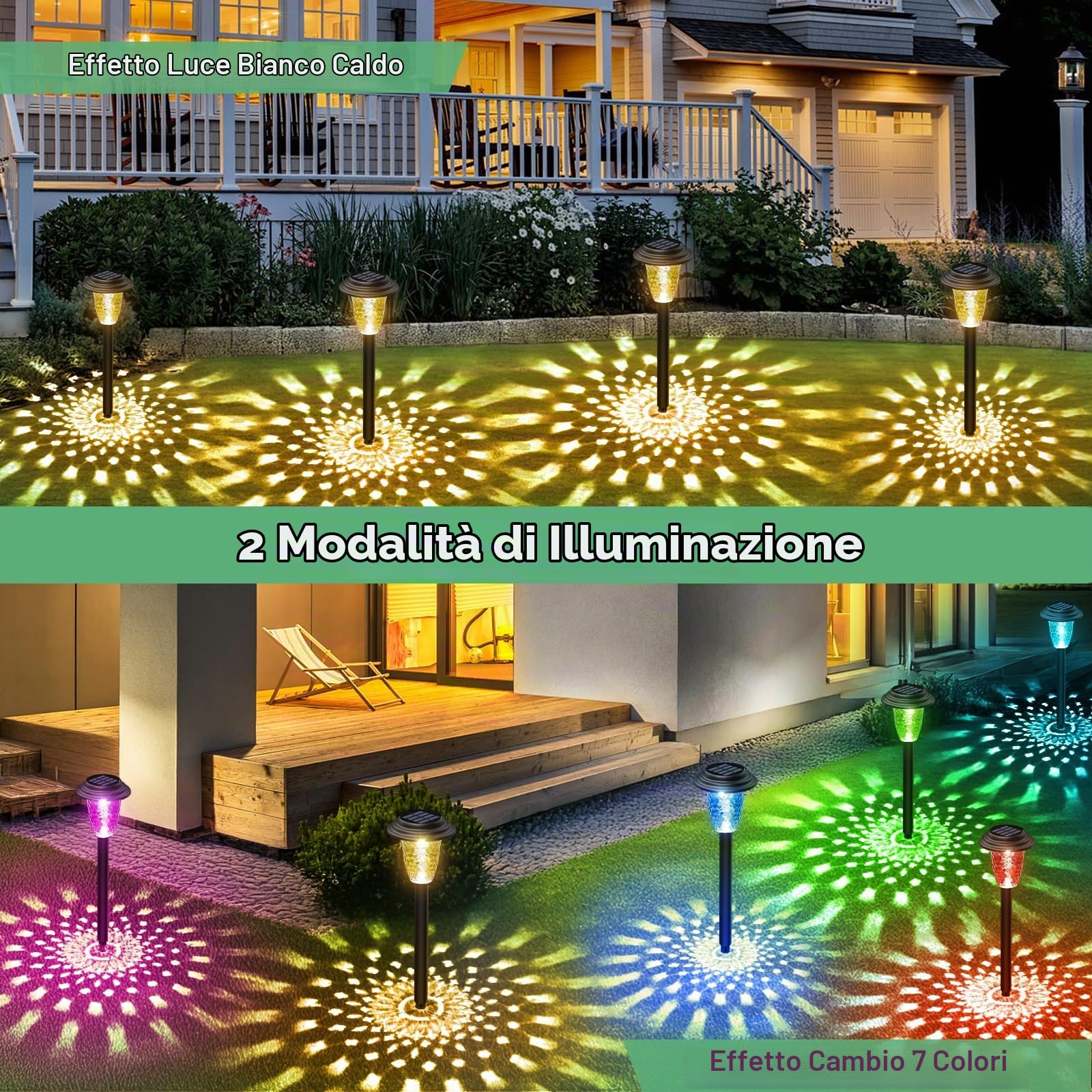 BUCASA 8 Pezzi Lampade Solari da Giardino, Luci Solari Esterno con Colorato LED e Luce Bianca Calda, Impermeabile Luce Solare LED Esterno per Prato Patio Cortile Regalo