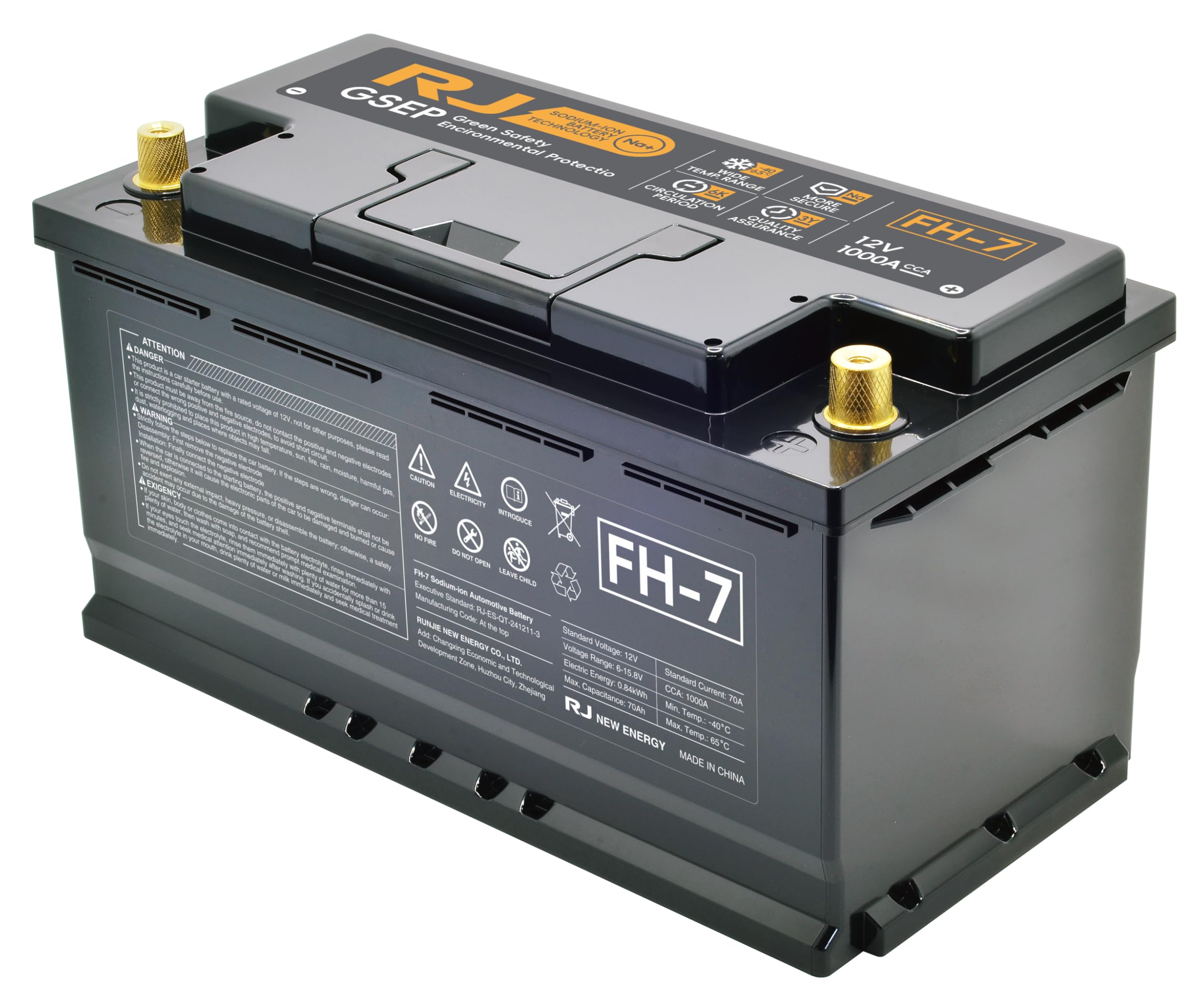 Automotive sodium ion battery,12V Car Battery, G-SEP Technology, Heavy Duty Automotive Power Cell, Black, Gold-Plated Terminals (FH7)