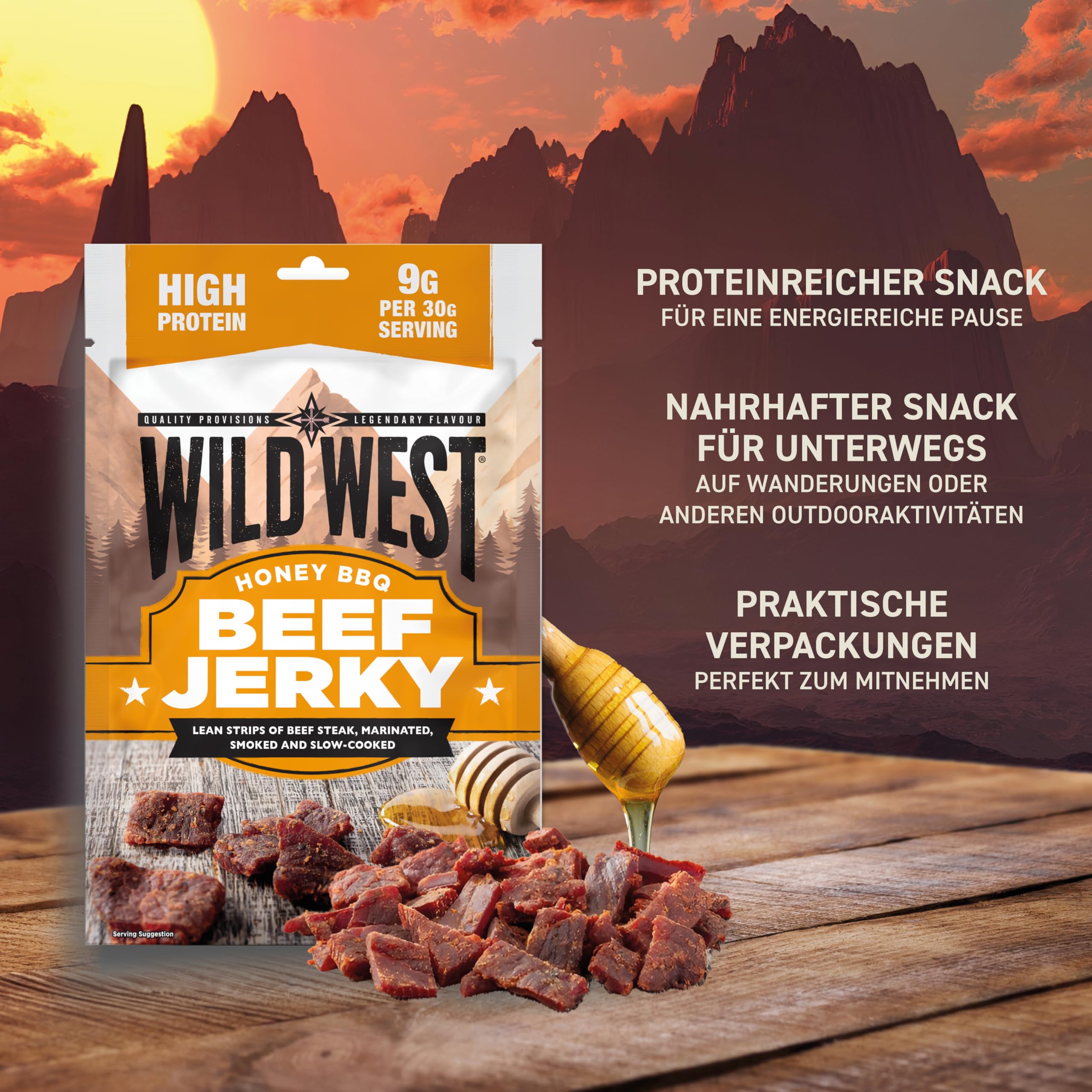 Wild West Beef Jerky, 300g Honey BBQ Rindfleisch, Beef Jerky high Protein Trockenfleisch, Protein Snack