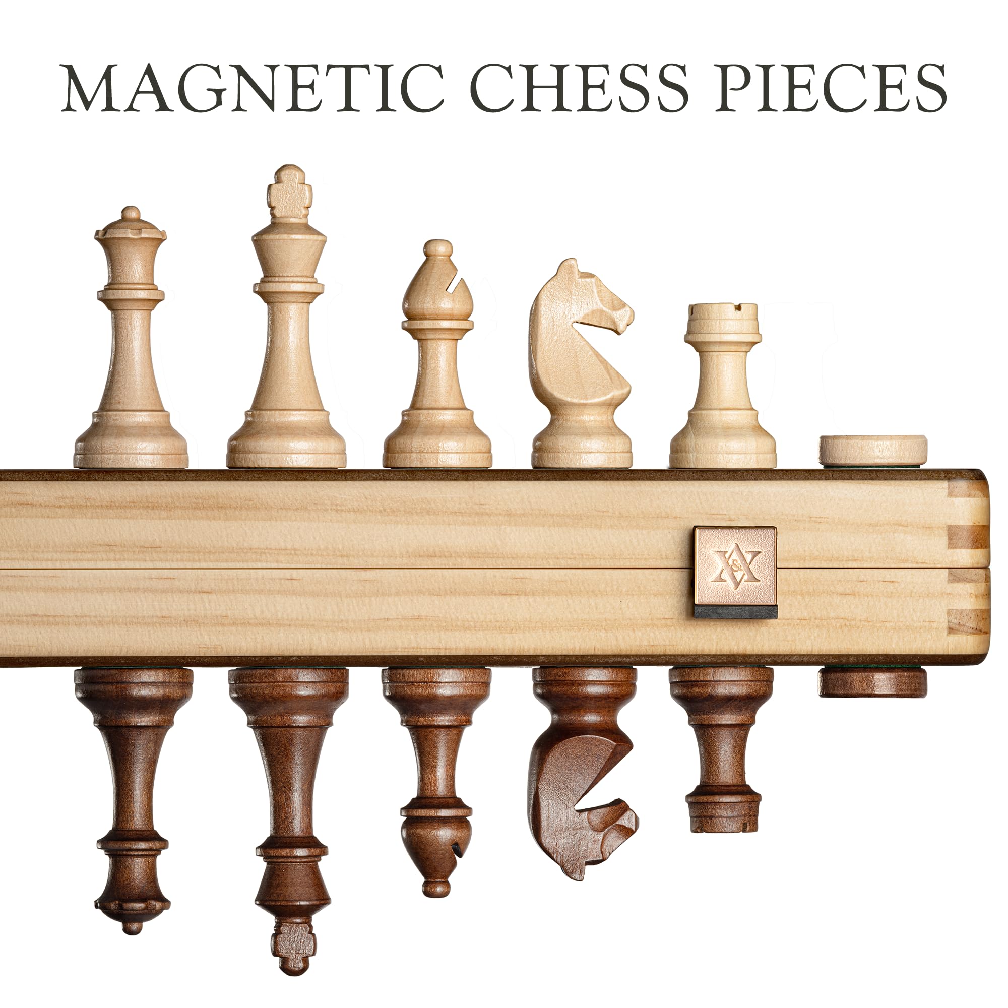 A&A Magnetic Wooden Chess Set, 38.1 cm, Folding Board, 7.6 cm, King Height German Knight Staunton Chess Pieces/Mahogany & Maple Wood / 2 Extra Queen/Board Games