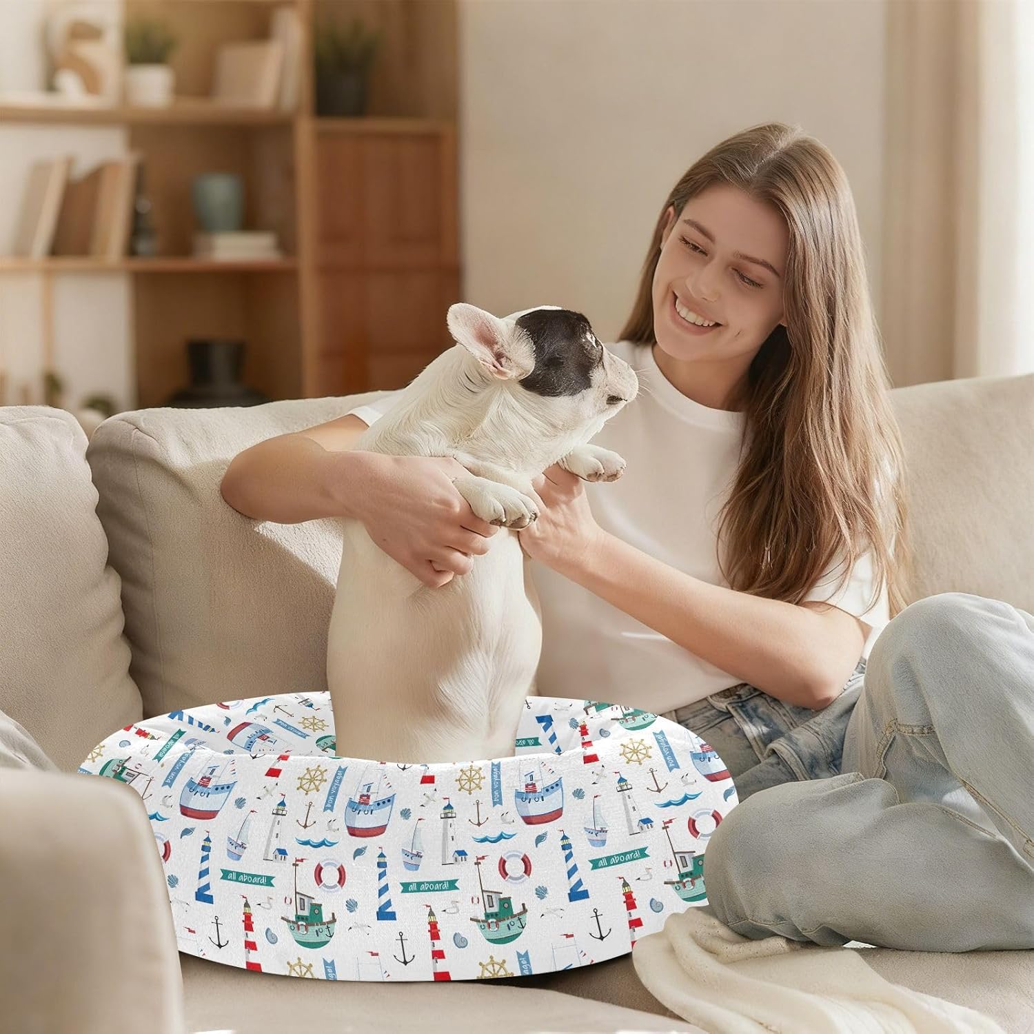 Pet Dog Beds Anxiety Relief Fluffy Cat Pillow Bed for Medium Size Pets Sleeping M Lighthouse Anchors