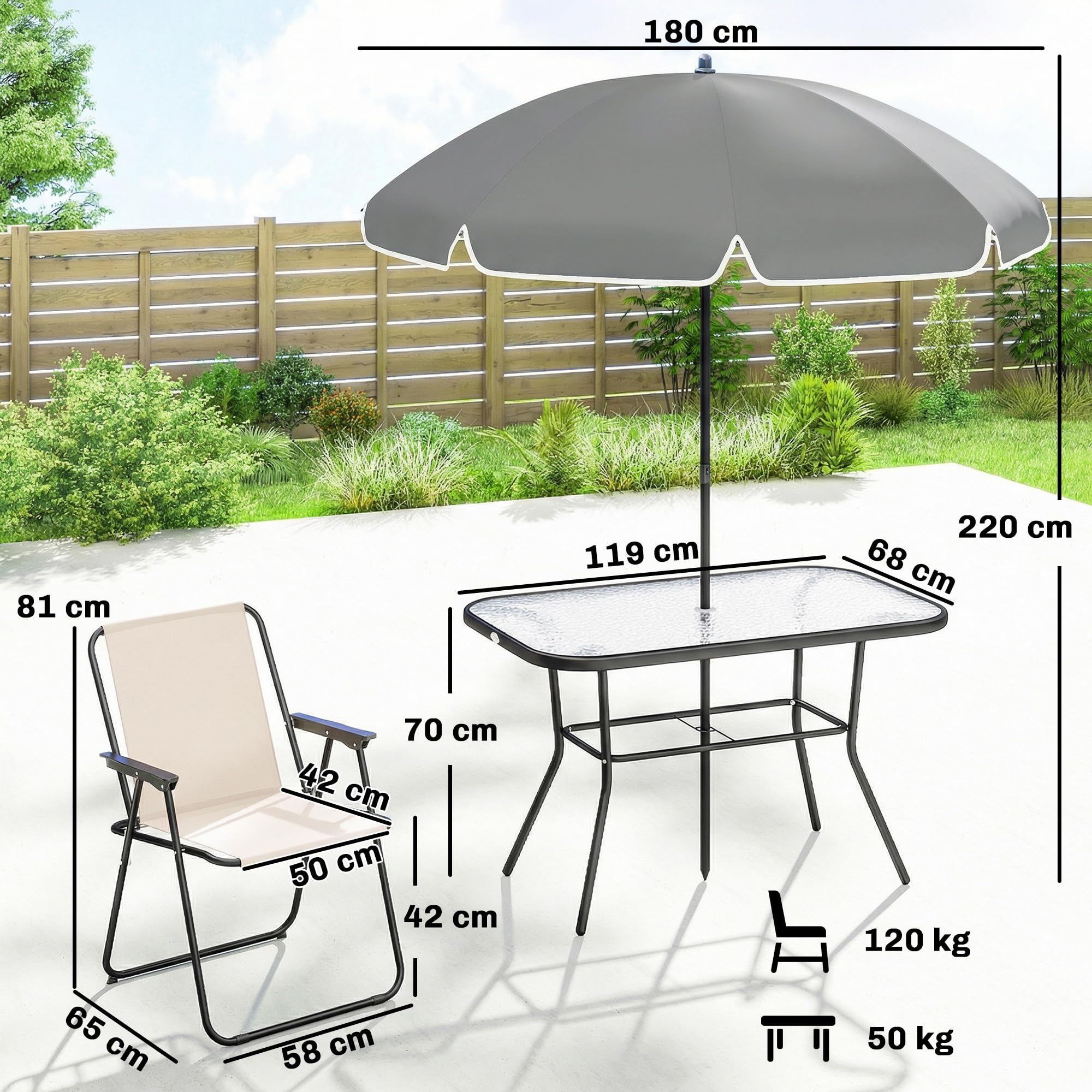 Outsunny Conjunto de Mesa y Sillas Jardín de 8 Piezas, Muebles de Jardín Exterior con Sombrilla, 6 Sillas Plegables, Mesa de Vidrio Templado, para Terraza, Patio, Crema — view 7