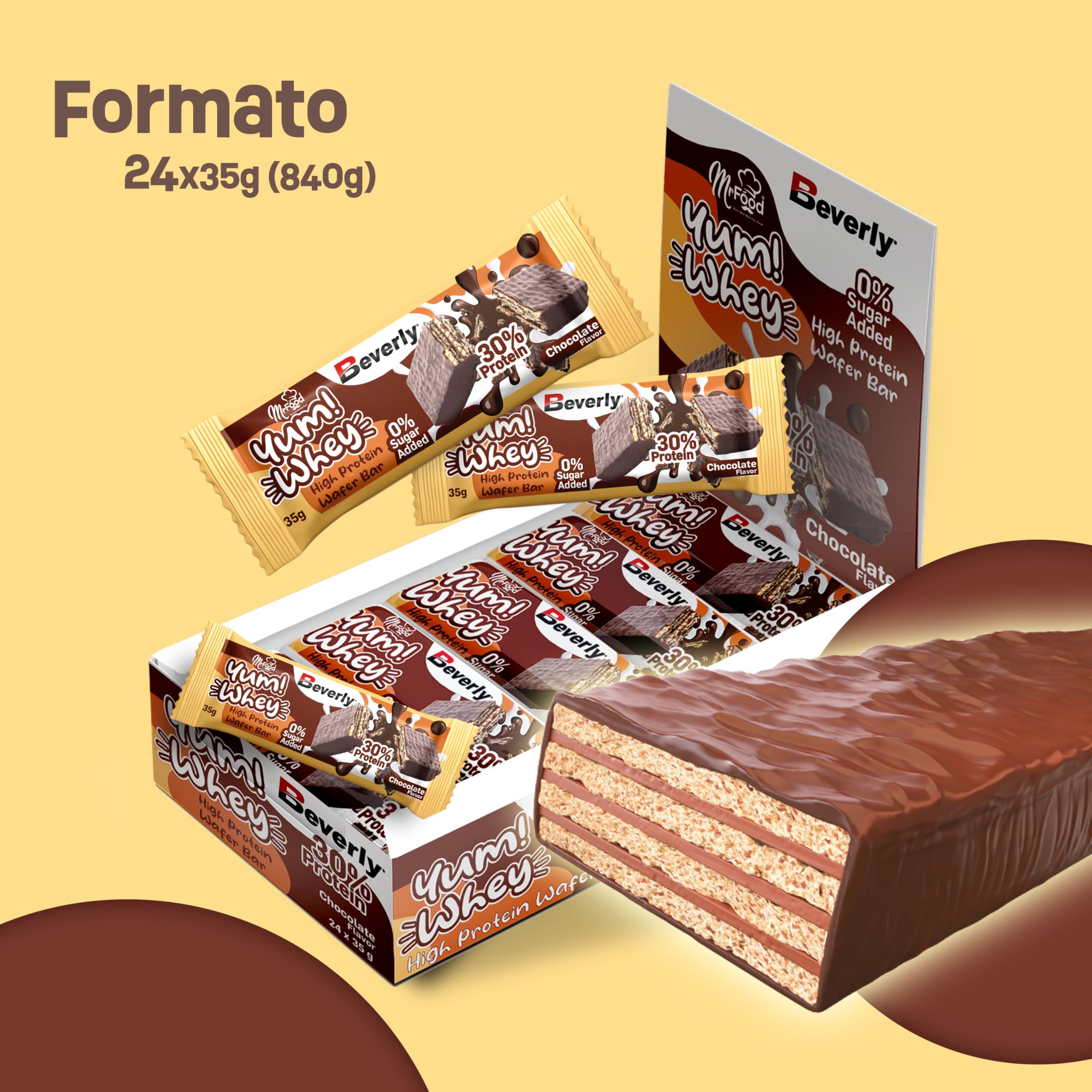 Beverly Yum Whey Bar - Deliciosa barrita protéica de barquillo de chocolate con un 30% de proteína - Estuche de 24 barritas de 35 gr - Sin azúcares añadidos y muy altas en proteína