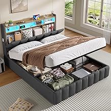 KIMENICH Lit Coffre 140 x 200 à LED, Lits Hydraulique avec Étagères Ouvertes et Rangement Caché en Tête de Lit Capitonné, Lit 2 Personnes avec Lattes en Bois, lit 140 x 200 avec Sommier en Lin Gris