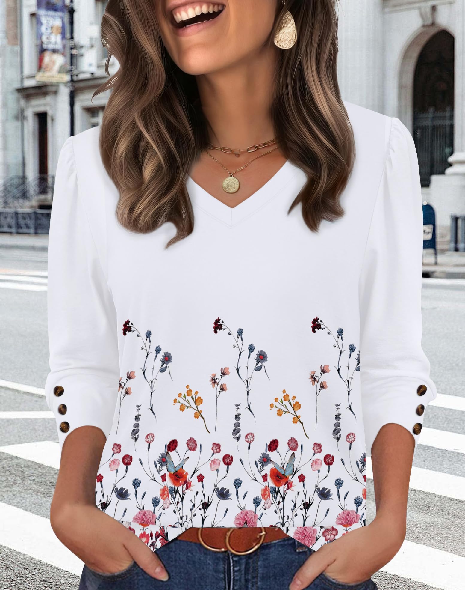 Blusas femininas de manga 3/4 com botões e gola em V, roupas casuais de verão, camisetas, férias na praia, roupas de outono 2025
