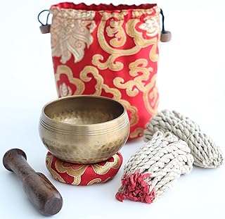 Tibetan Singing Bowl Set– with Lokta Rope Incense, 3.1 inch Authentic Handcrafted in Nepal – Meditation, Yoga, Chakra, Hea...