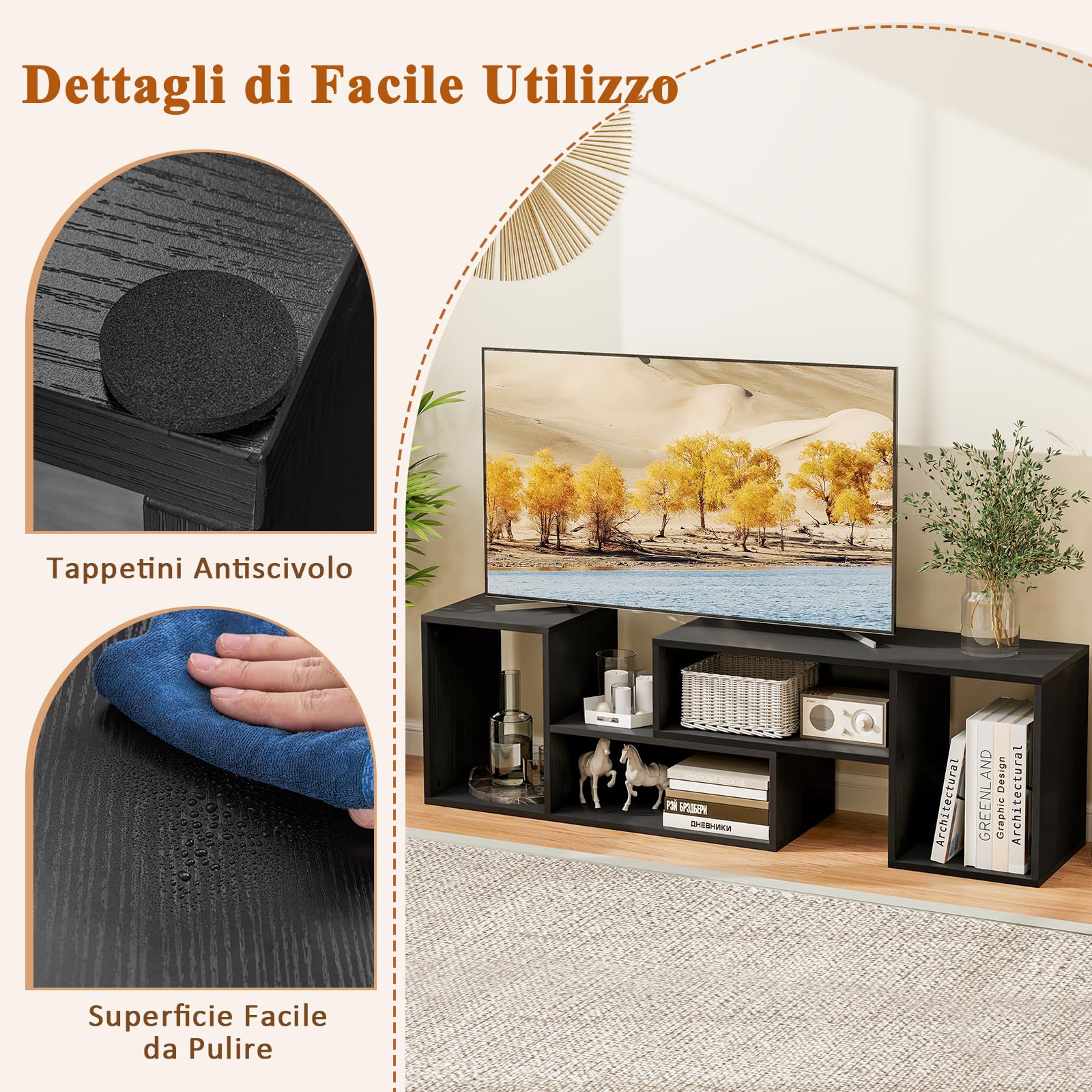 GYMAX Mobile TV Console da 32-60 Pollici Convertibile, 135 x 30 x 40 cm, Estensione e Rotazione Libera, Mobile Multimediale Porta TV, Cubi Aperti, Carico 50 kg, Soggiorno, Camera da Letto (Nero)