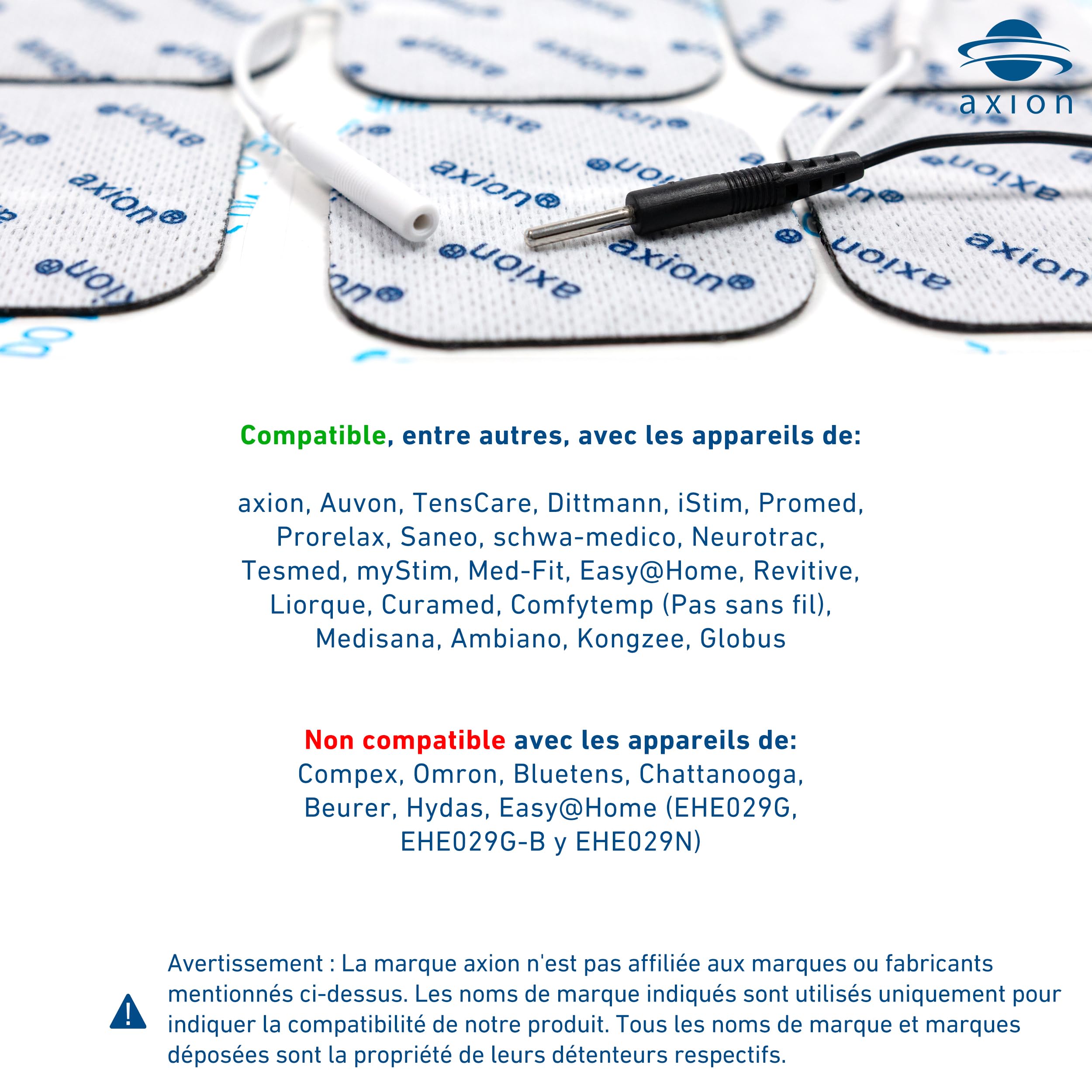 48 électrodes 5x5 cm axion | patchs électrostimulation TENS EMS | compatibilité électrostimulateur à connexion filaire de 2 mm