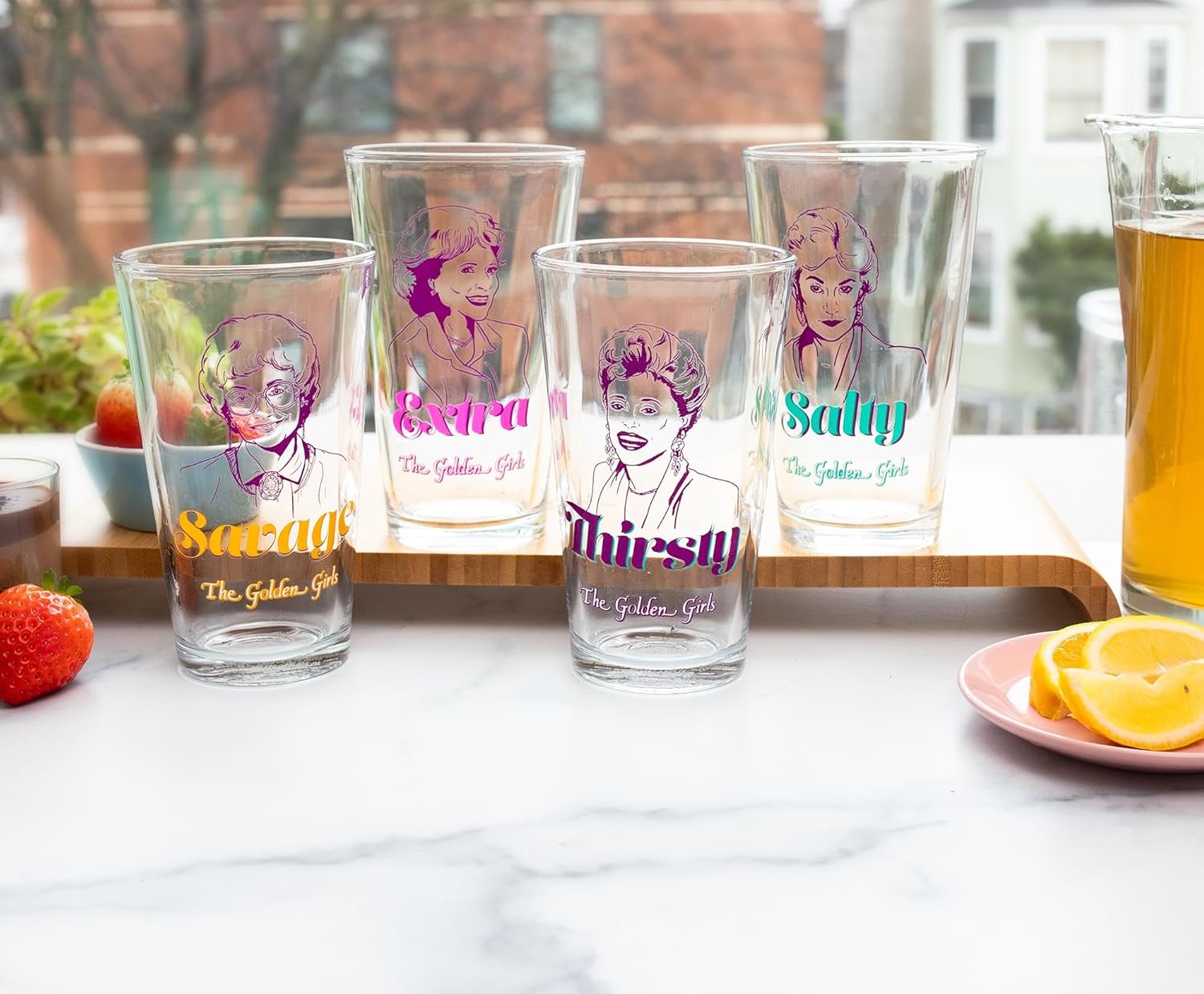Silver Buffalo Golden Girls Line Art Salty Thirsty Extra Savage 4pc Pint Glass Set, 16 Ounces