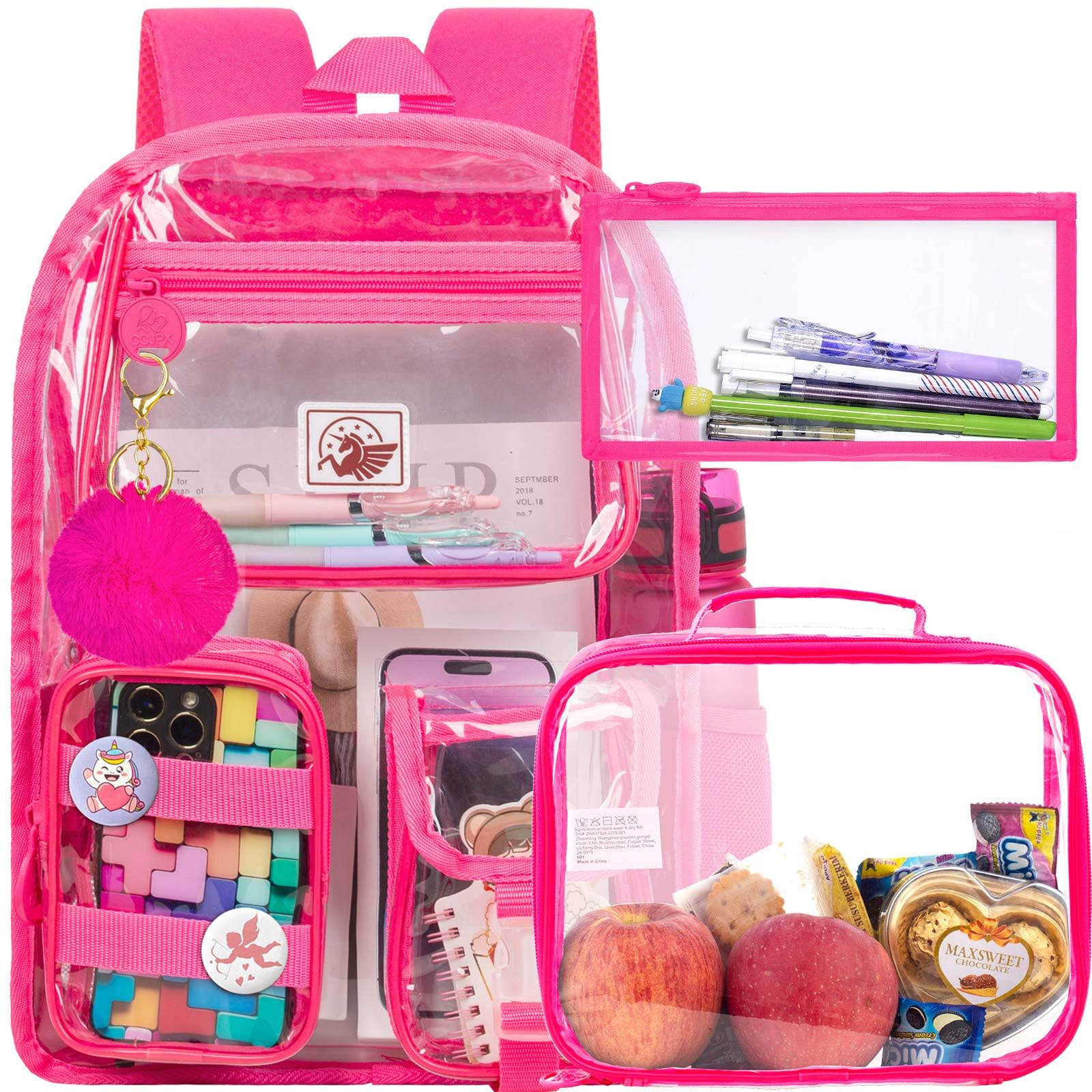 CCJPX 3Pcs Clear Backpack for Girls, School Transparent Bookbag, Heavy Duty See Through Backpacks for Teens Elementary