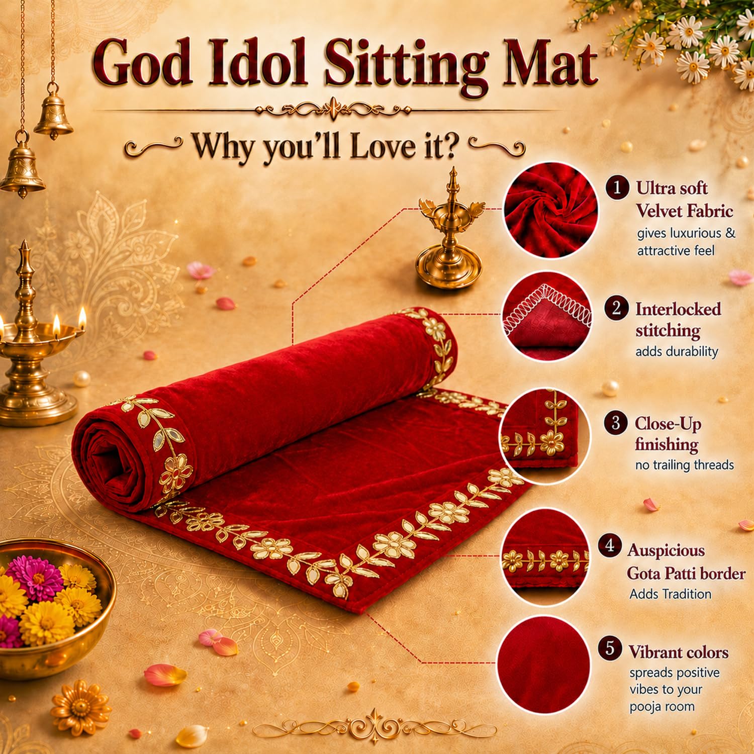 DLC Designer Red Pooja Cloth for God, Velvet Altar Cloth for Puja Mandir| Pack of 2 | Size 9x13 3