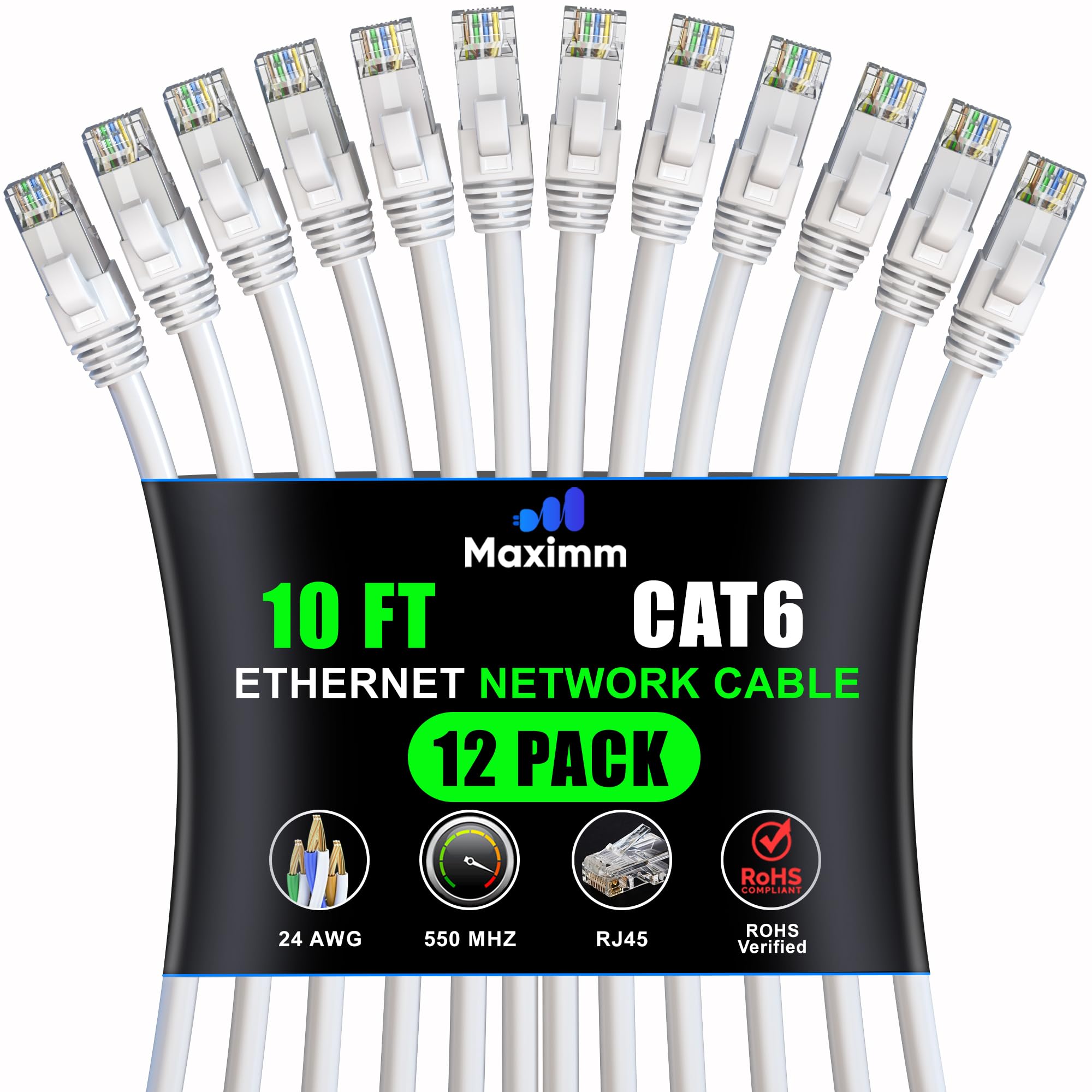 Maximm Cat 6 Ethernet Cable 10 ft (12-Pack) - High-Speed LAN Cable, Internet Cable, Patch Cable, and Network Cable - UTP, 10Gbps, 550MHz Ethernet Cord - White