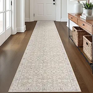 2x12 Cream Beige White Grey Washable Runner Rug for Kitchen, Soft Classic Runner with Non-Slip, Non-Shedding Distressed Floral Rug for Hallways Entryway Bedroom Laundry Indoor