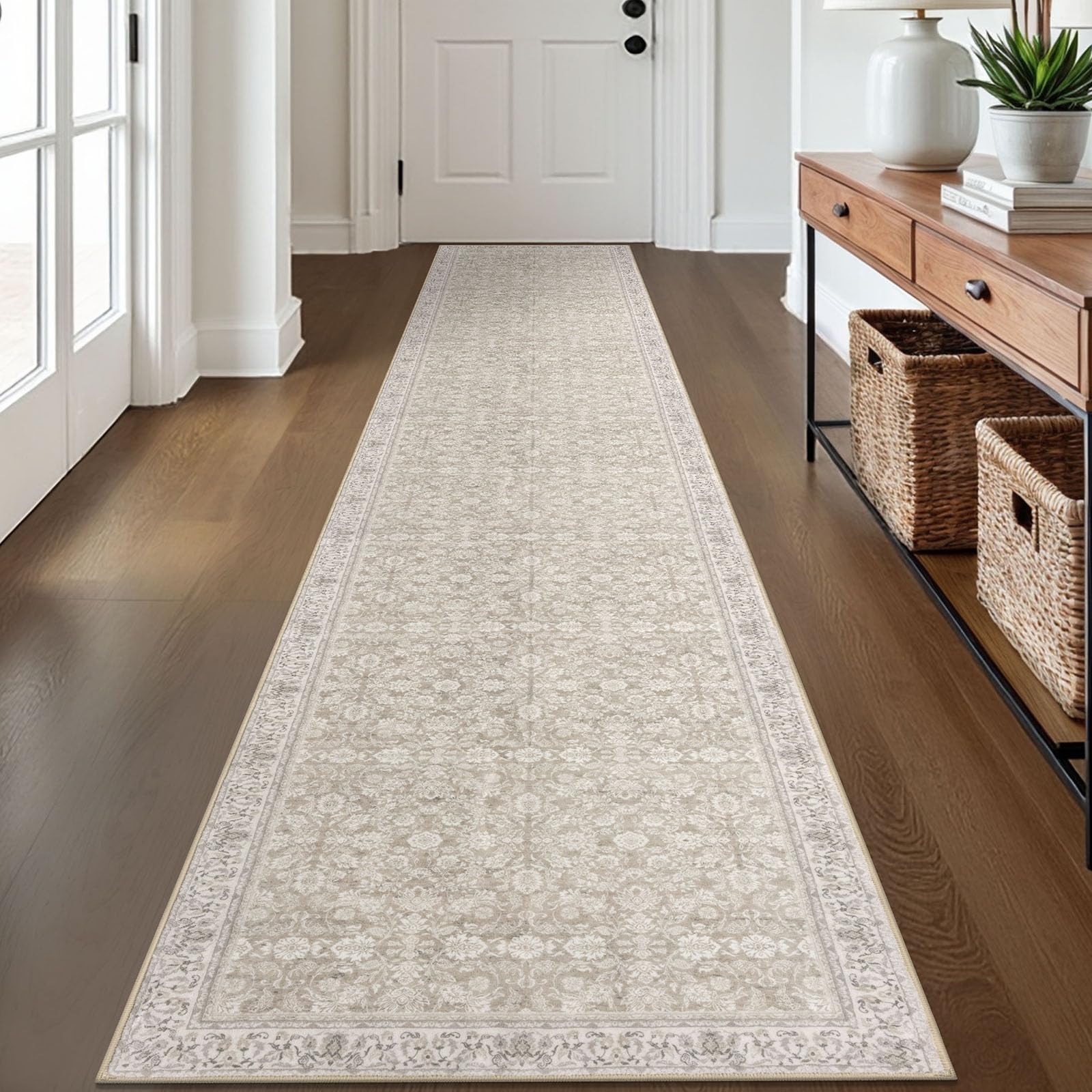 Photo 1 of SIILOOM 2x12 Washable Runner Rug for Kitchen, Cream Beige Yellow White Grey Soft Classic Runner with Non-Slip, Non-Shedding Distressed Floral Rug for Hallways Entryway Bedroom Laundry Indoor