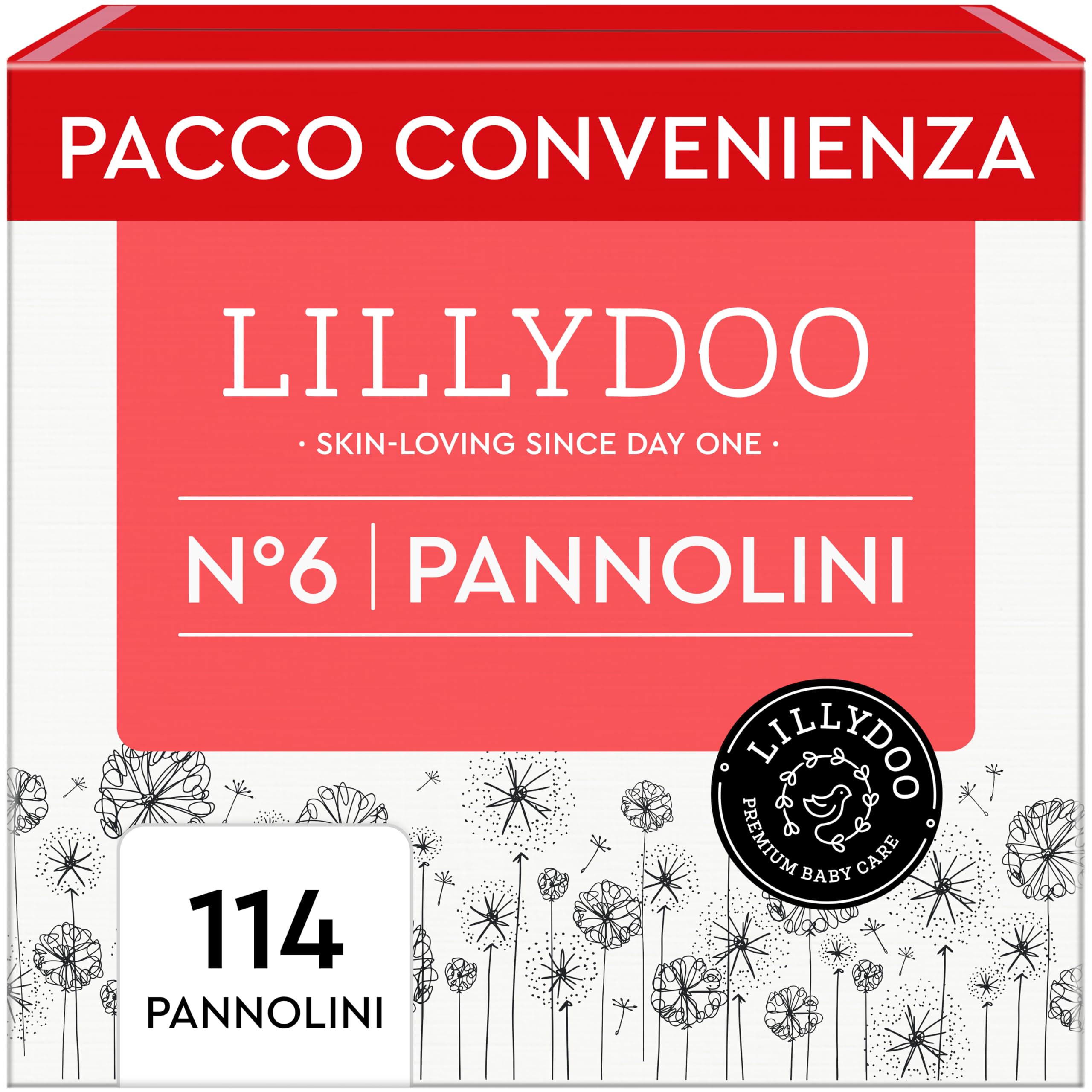 Pannolini LILLYDOO delicati sulla pelle - taglia 6 (13+ kg), pacco scorta (114 unità), protezione contro le fuoriuscite, morbidi, senza profumi & lozioni e dermatologicamente testati