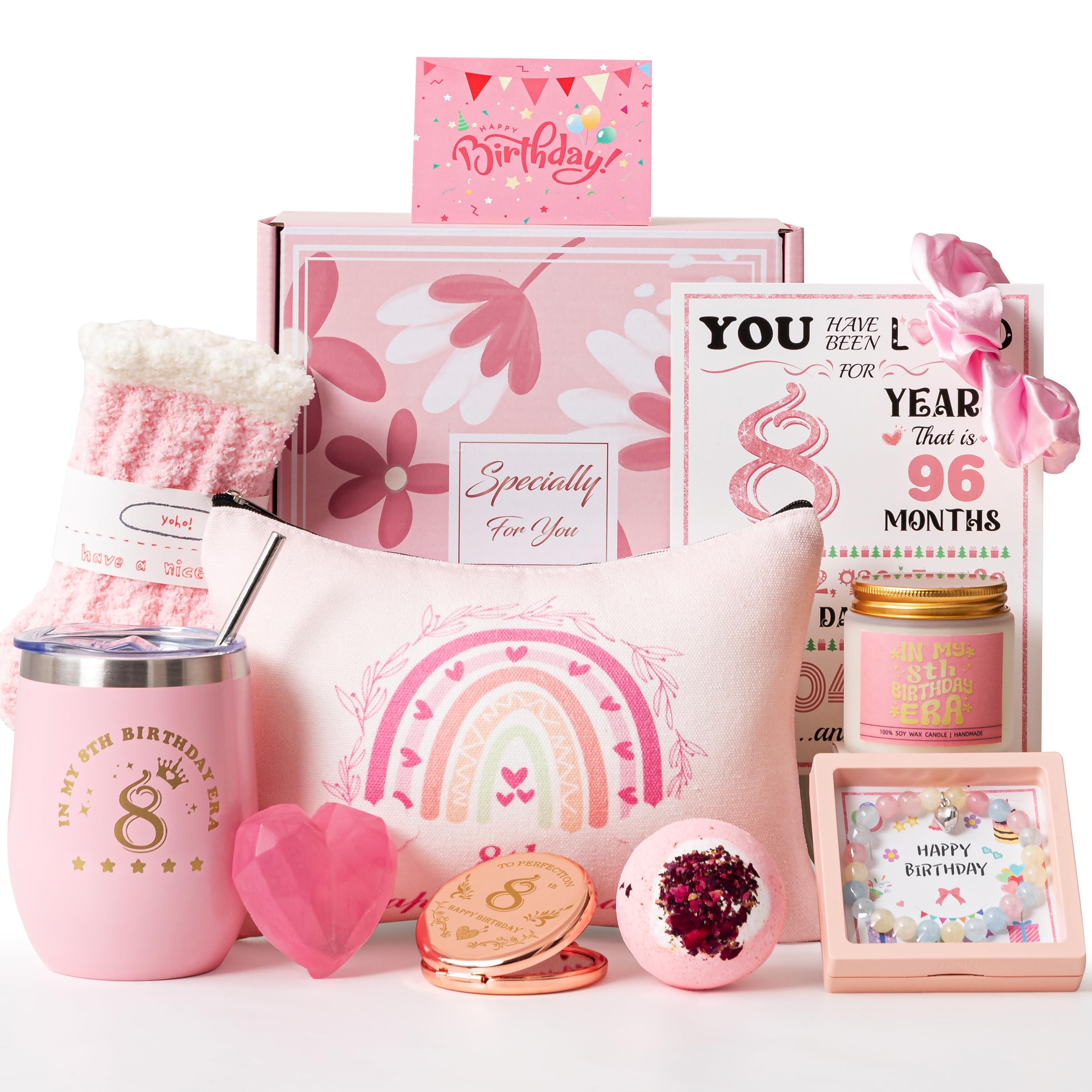 8th Birthday Gifts for Girls,Happy 8th Pamper Gift Basket Ideas for Daughter, Cute Unique Sweet 8 Year Old Birthday Hampers Presents for Her,Best Friend Niece,Granddaughter, Sister, Friend, Teens
