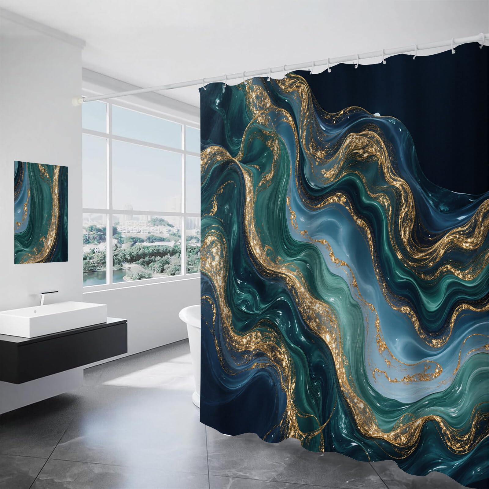 Rideau Douche, Rideau Baignoire Lavable en Machine Rideaux Douche Tissus Lavable Rideau De Baignoire Lavable pour Salle De Bain Domicile Baignoire Famille, Vagues Fluides,