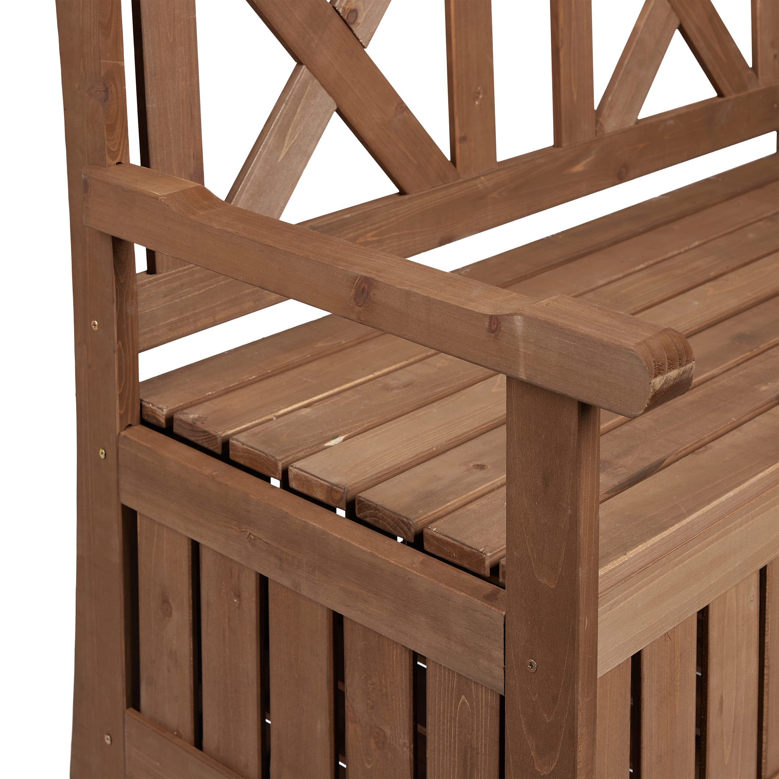Relaxdays Banco Jardín con Baúl, 2 Plazas, Madera Abeto, 85 x 115 x 60 cm, Asiento Exterior con Respaldo, Marrón Oscuro