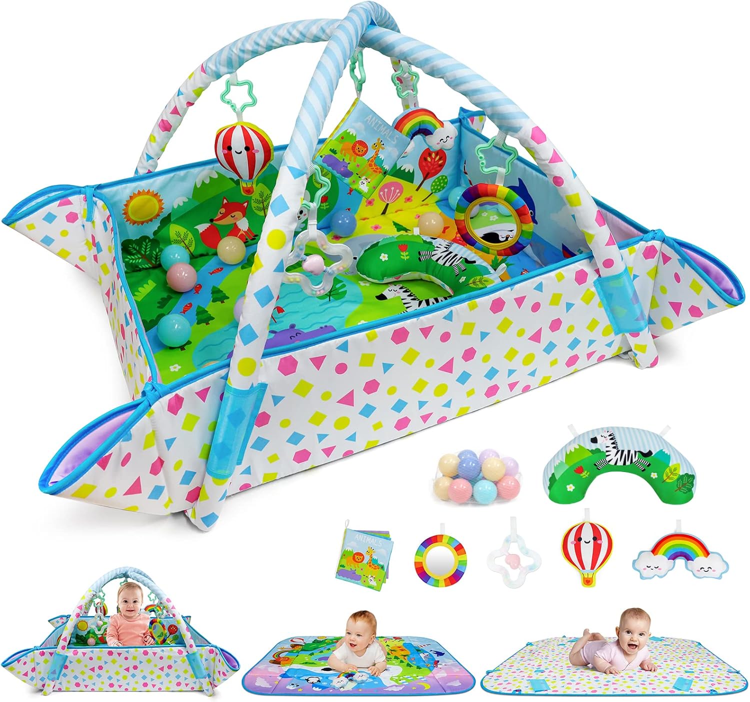 Pink Baby Acctivity Play Gyms Playmats Colorful Infants Toddler Play Mat With Arches, Activity Toys, Plush Animals, Elephant