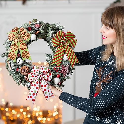 Miniatura 2 de Yinder 3 rollos de cinta de Navidad con alambre rojo y verde lima, cinta de envoltura de Navidad de 2.56 pulgadas de ancho, tela de remolinos de