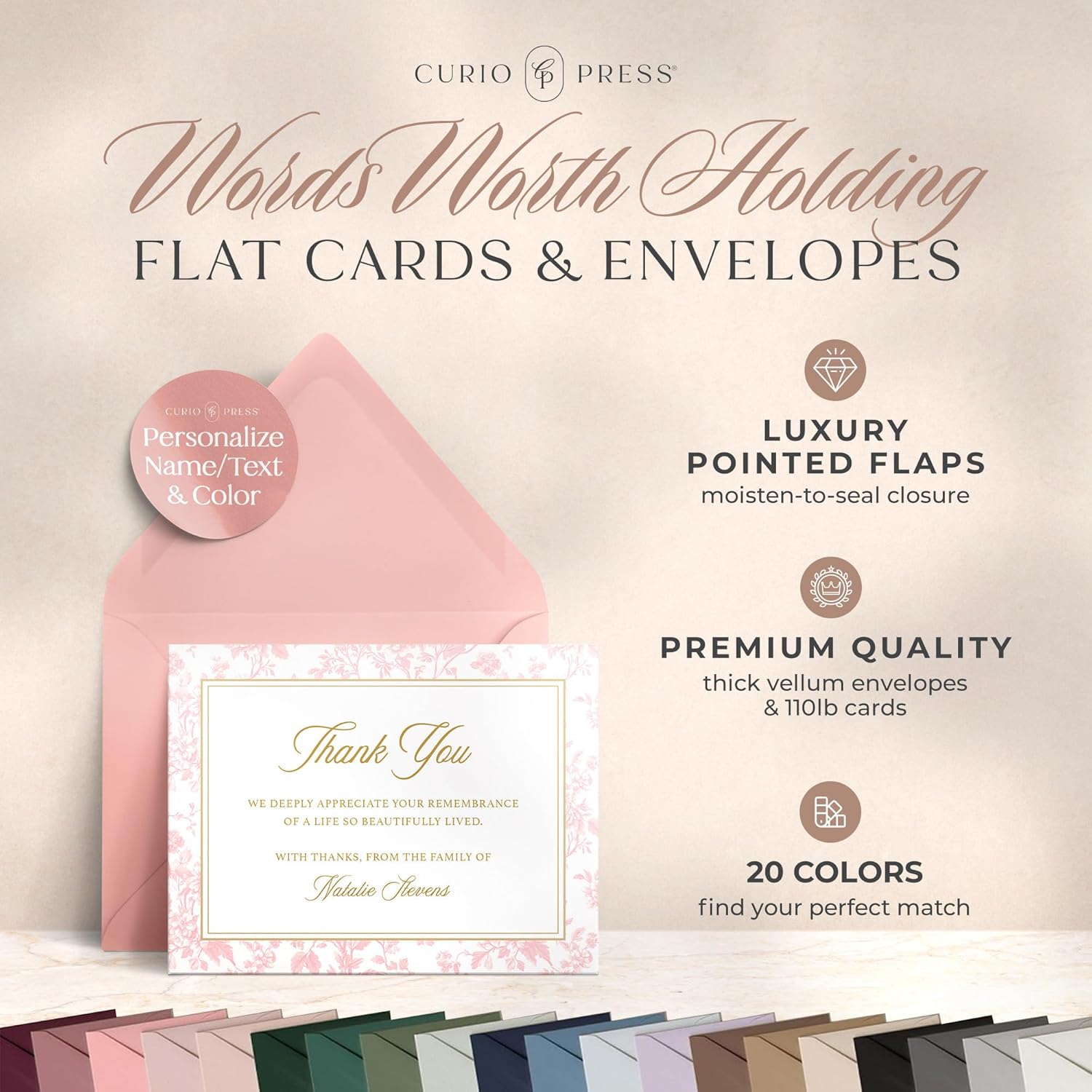 Curio Press Funeral Thank You Cards with Envelopes, Custom Stationery with Name & Prewritten Message Sympathy Cards for Bereavement Support Personalized Stationery for Women & Men - Legacy Flat