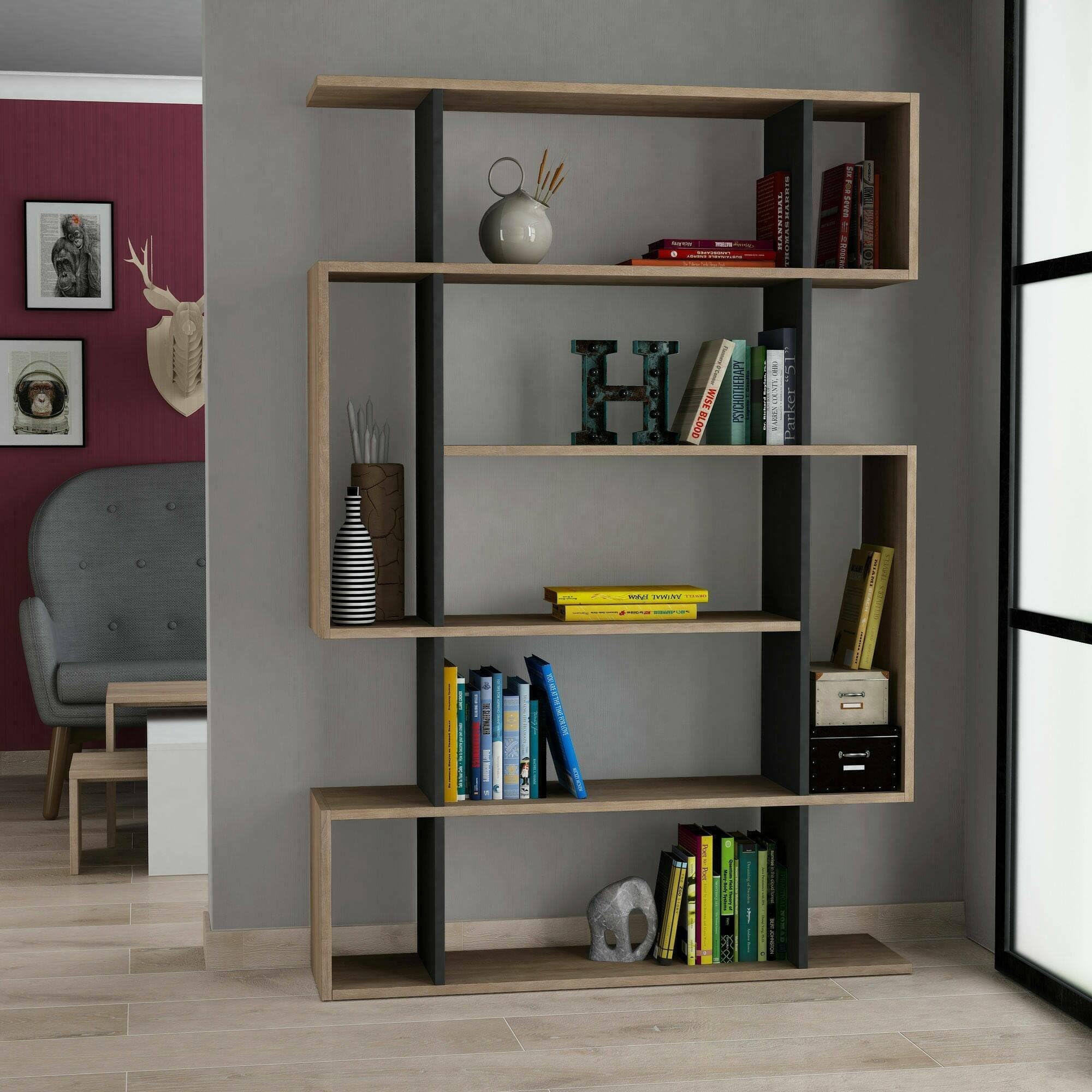 Dmora - Libreria Adhara, Scaffale da ufficio, Mobile portalibri, Biblioteca, 110x26h161 cm, Quercia e Antracite