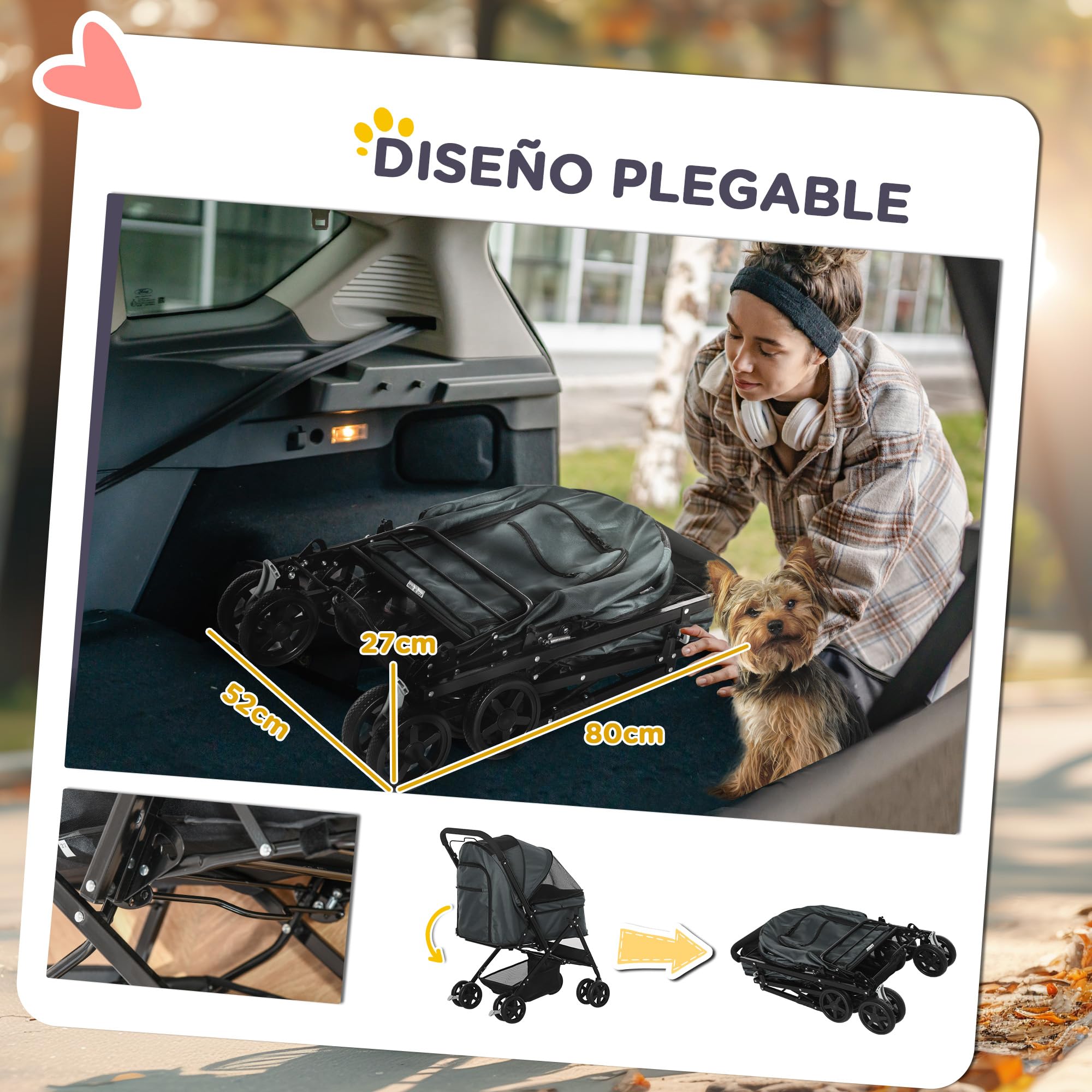 PawHut Carrito para Perros Plegable Cochecito para Perros Pequeños Cochecito para Mascotas con Mango Reversible Ventana de Malla Cesta y Cuerda de Seguridad Carga 10 kg 76,5x52x95 cm Gris