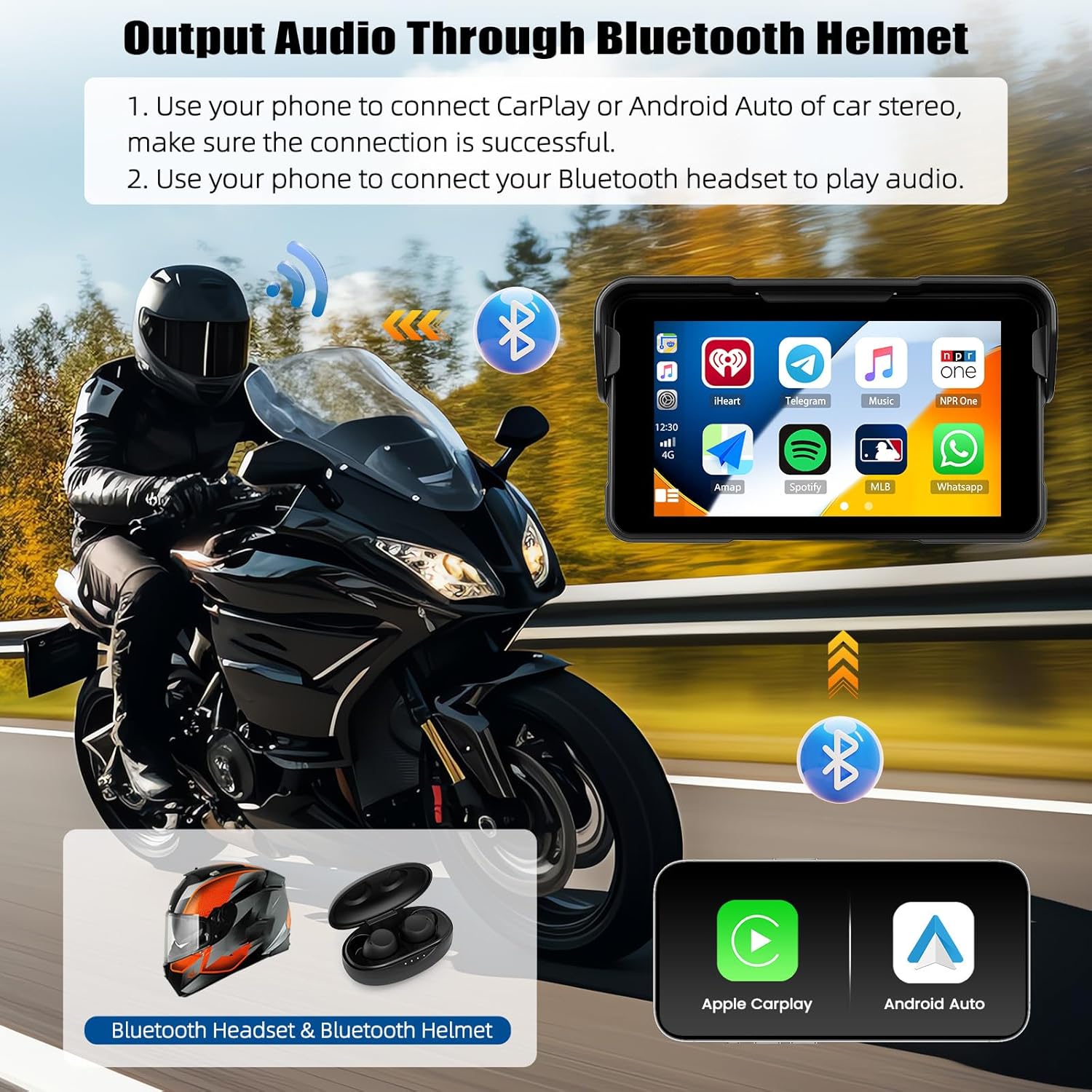 CAMECHO Wireless Motorcycle CarPlay & Android Auto 5 inch Touch Screen Waterproof Portable Moto Car Play Screen with Bluetooth, Navigation, Siri, Google Assistant for Motorbike