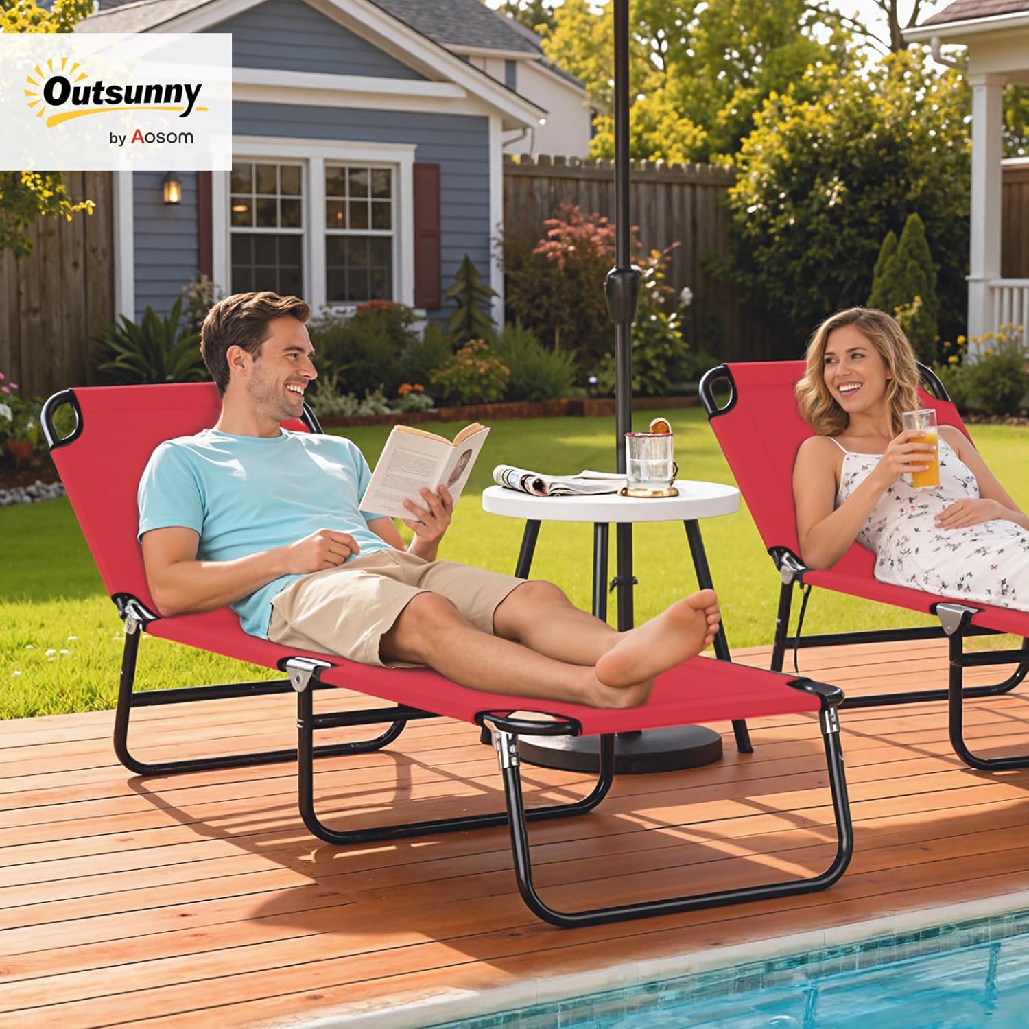 Outsunny Folding Chaise Lounge Pool Chairs, Outdoor Sun Tanning Chairs with 5-Level Reclining Back, Steel Frame for Beach, Yard, Patio, Red