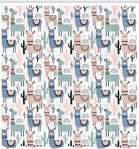 Miniatura 2 de Ambesonne Cortina de ducha de llama, estilo de dibujos animados, dibujados a mano, diseño de alpacas y llamas, juego de decoración de baño de tela