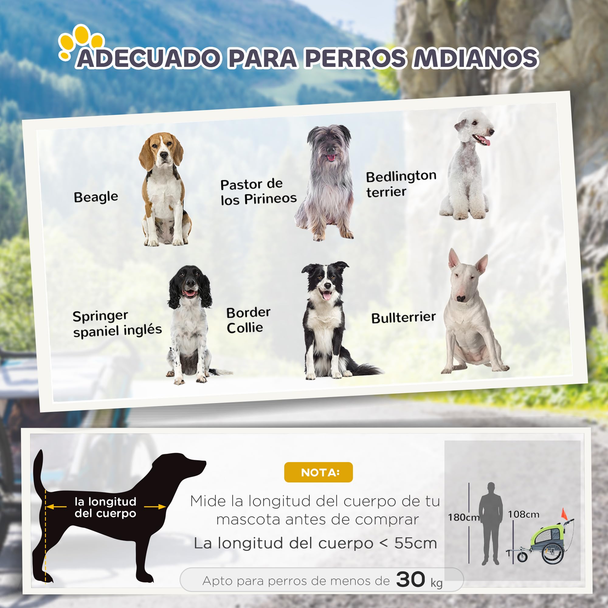 Pawhut Remolque Bicicleta Perros Carro Cochecito para Transporte Mascota 2 en 1 con Barra de Paseo Amortiguador Rueda Giratoria 360° Reflectores Carga Máx. 30kg