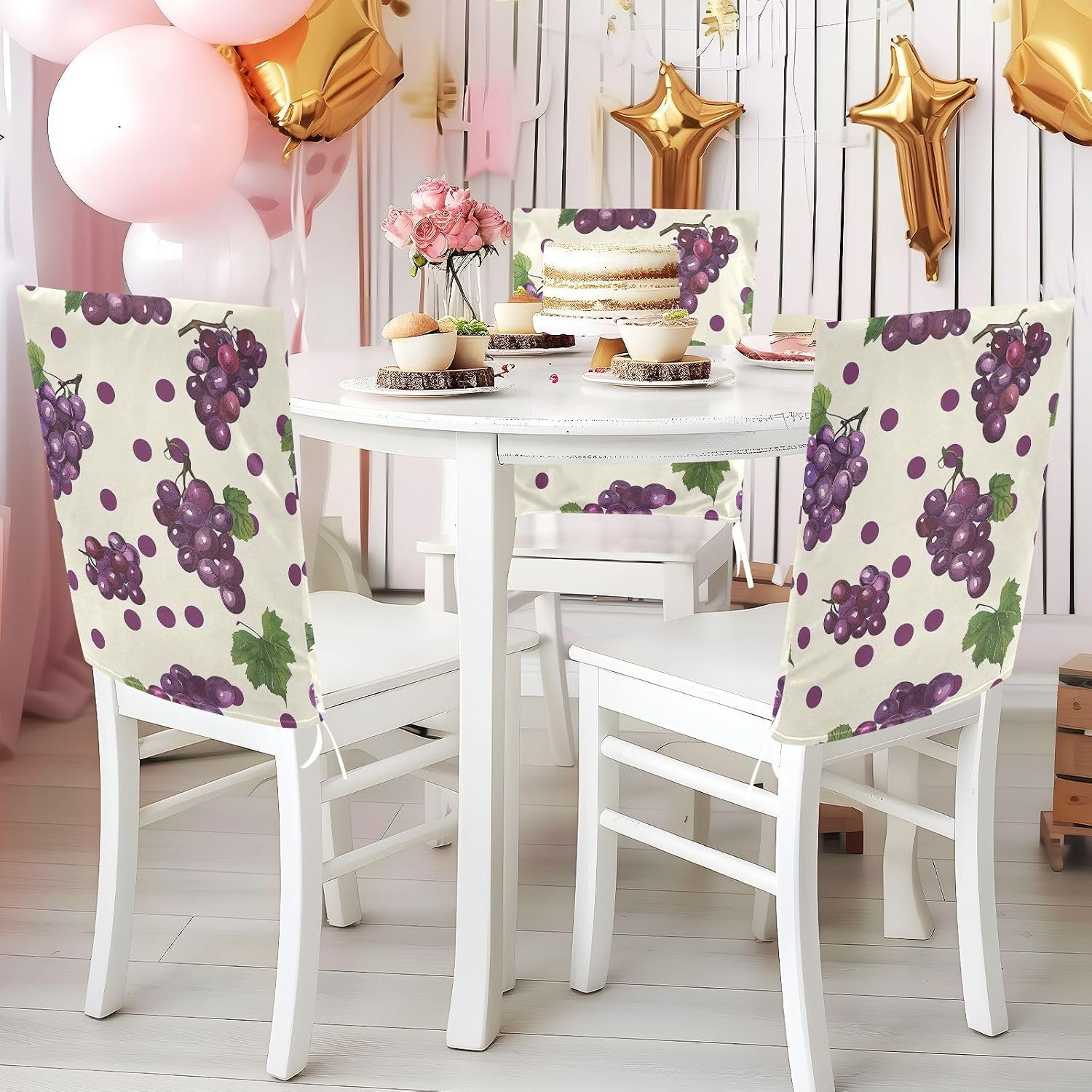 ALAZA Grapes Polka Dots Chair Back Cover Set of 6, Washable Reusable Removable Chair Slipcovers Decorative Chair Cover for Home Kitchen Wedding Party