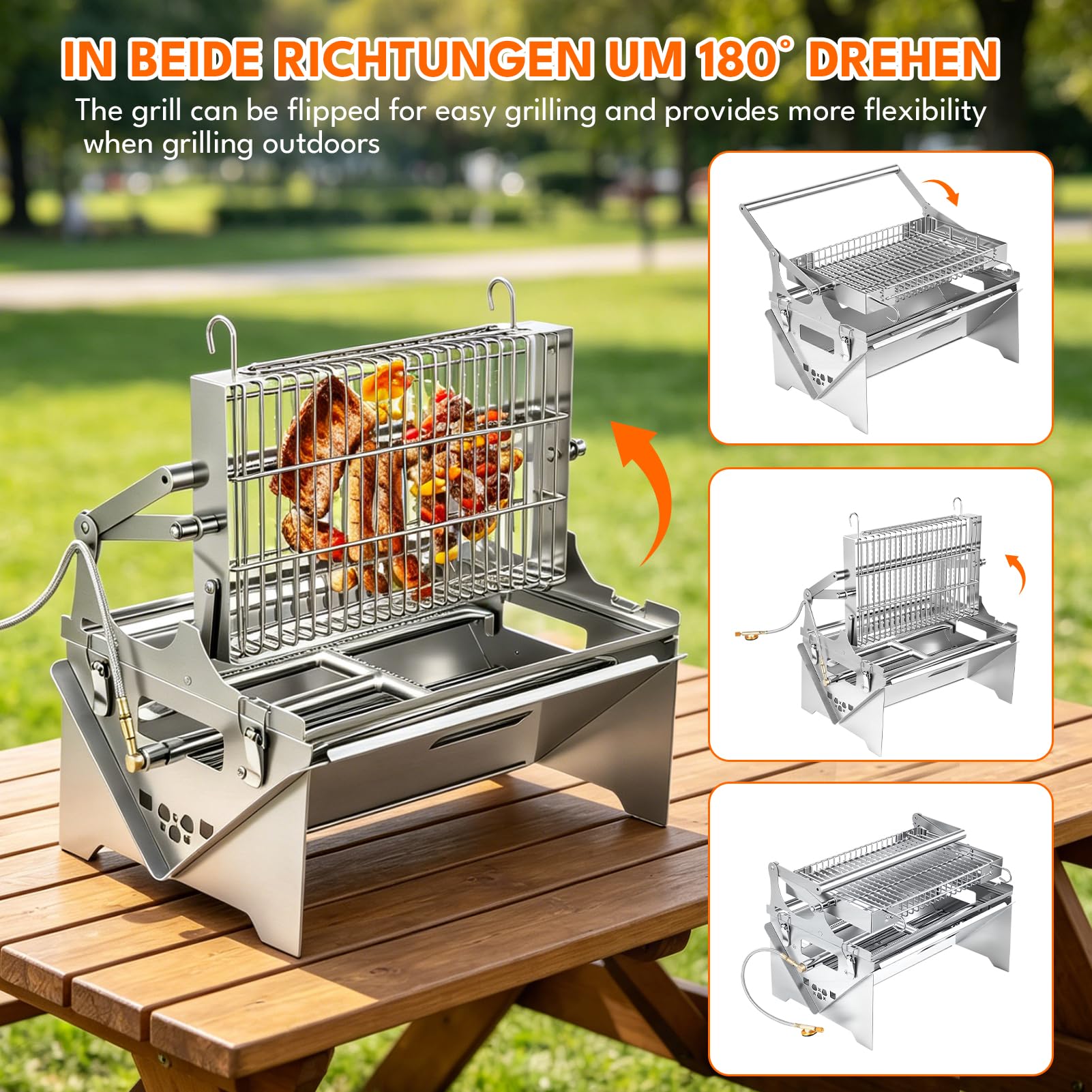 Barbacoa de gas, giratoria 360°, barbacoa de gas con gas y carbón vegetal, parrilla de gas portátil 304, barbacoa plegable con bolsa de transporte, barbacoa extraíble para picnic, jardín, terraza
