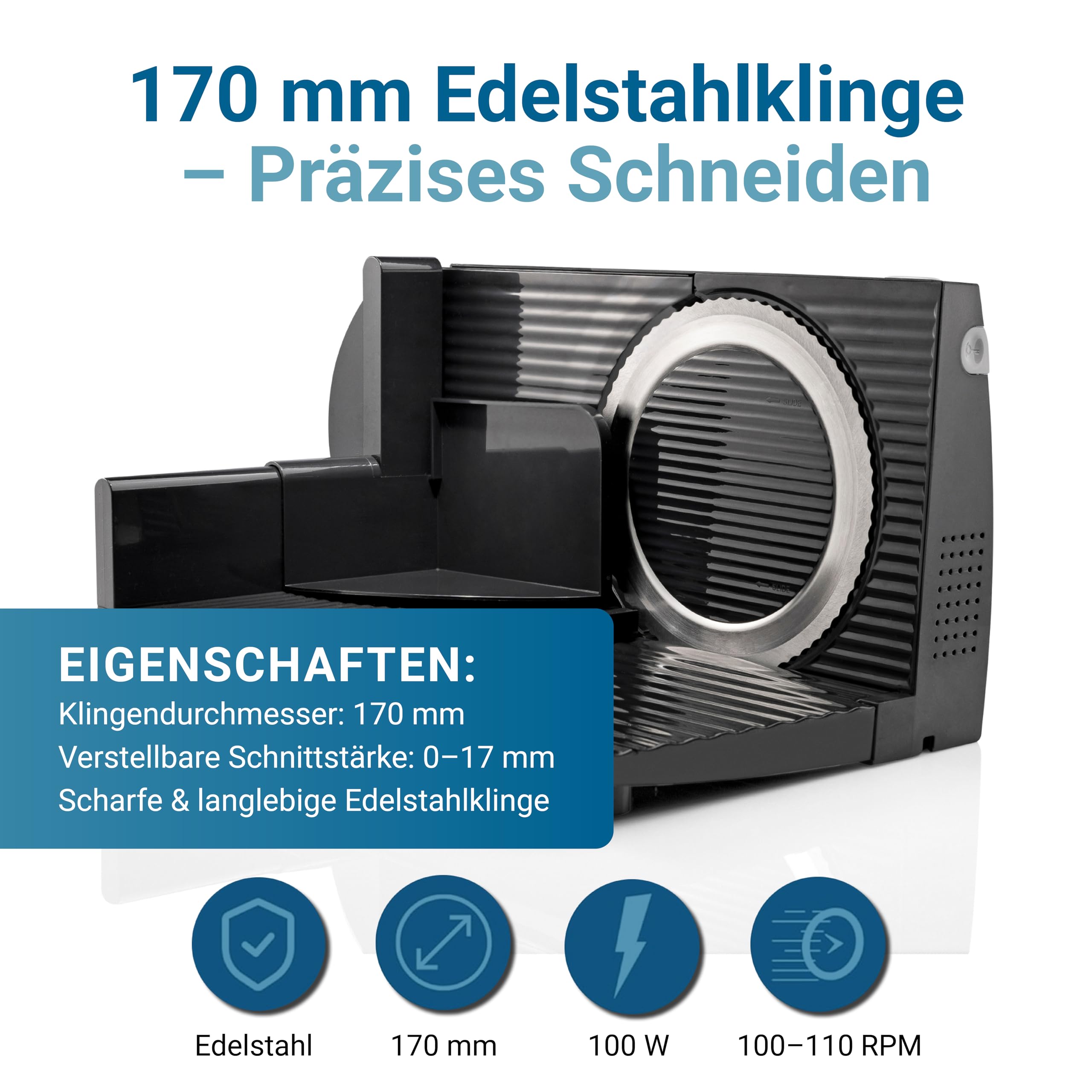 EUREL RS42 Allesschneider Elektrisch Schwarz – Brotschneidemaschine mit Edelstahlklinge Ø170 mm, Schnittstärke 0–17 mm, BPA-frei, EcoDrive 80W