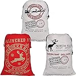 JOYIN 3 PCS Christmas Large Canvas Gift Bag 26 x 19, Drawstring Santa Burlap Sack Reusable Personalized Cloth Pouch for Xmas Presents Package, Party Supplies, Hoilday Decoration