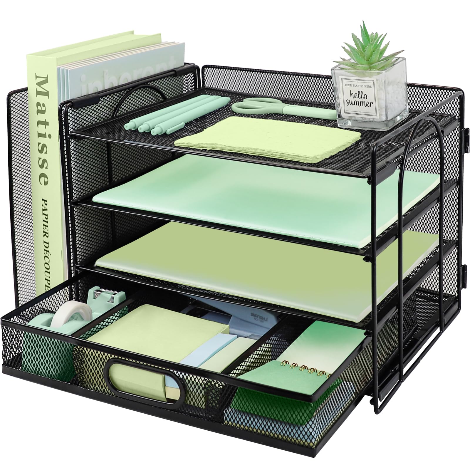 3 Tier Desk File Organiser with Extra Vertical File Sorter, Paper Letter Tray with Top Stationery Drawer Holder