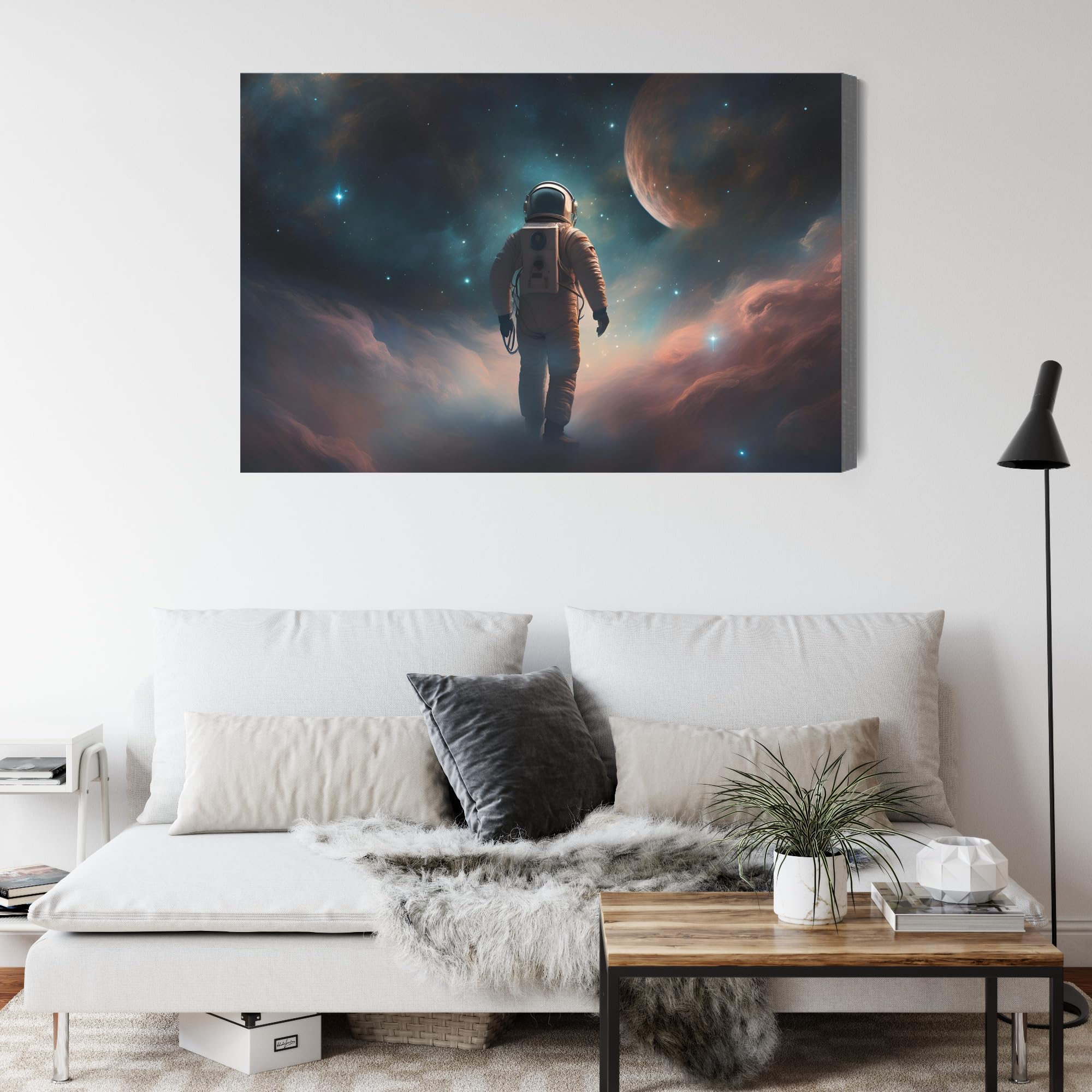 WALLERO Impression sur toile, espace, astronaute, lune, planètes, édition 5, 100 x 70 cm