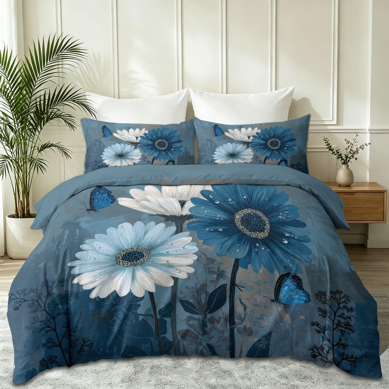 Biancheria da letto moderna in microfibra, 155 x 220 cm, motivo floreale e margherite, reversibile, traspirante, utilizzabile tutto l'anno, con 2 federe da 80 x 80 cm