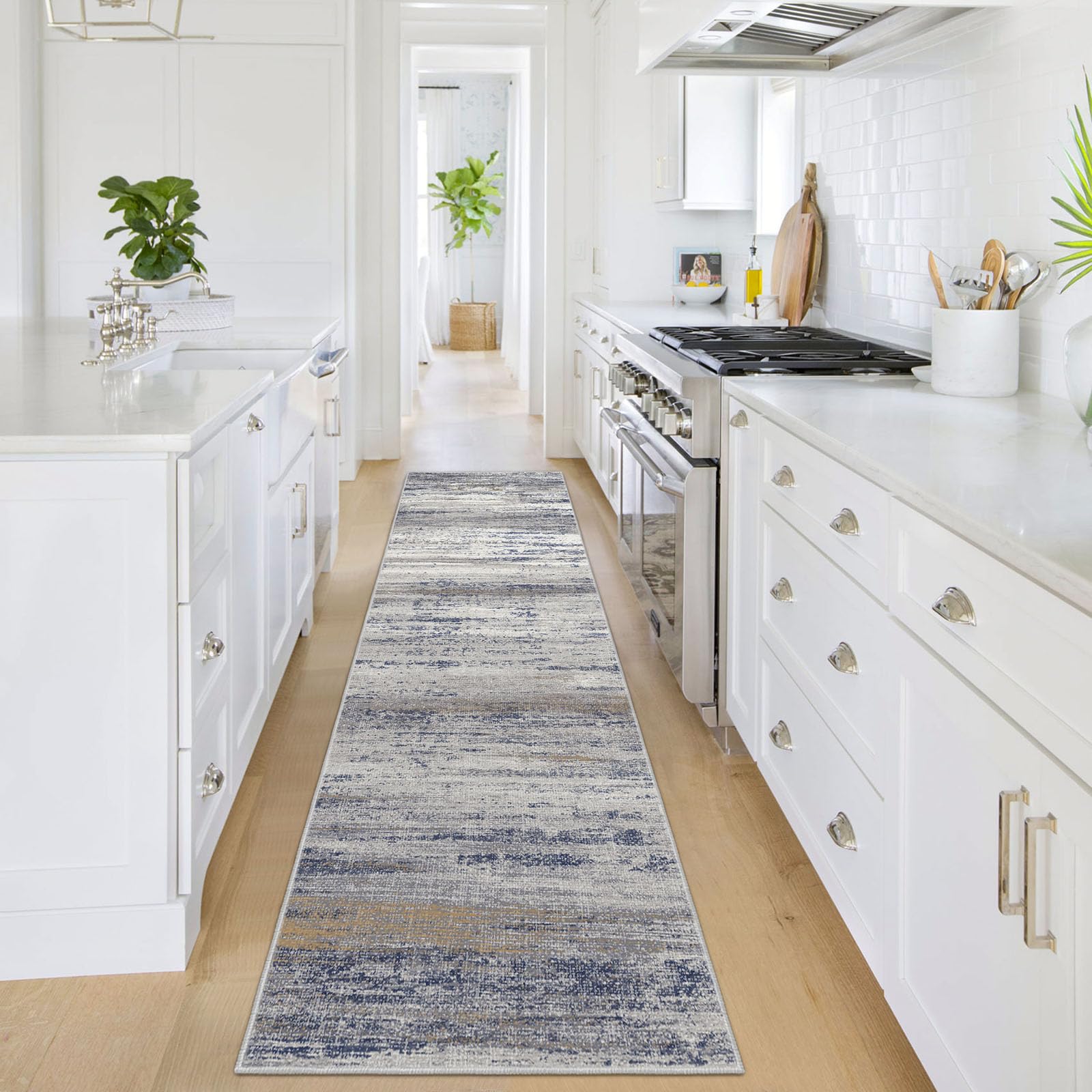 KOZYFLY Modern Abstract Washable Rug Runner 2x8 Hallyway Runner Rug Non-Slip Soft Striped Kitchen Runner Rugs, Print Distressed Grey Striped Carpet Runner for Entryway Bathroom Laundry Room Foyer