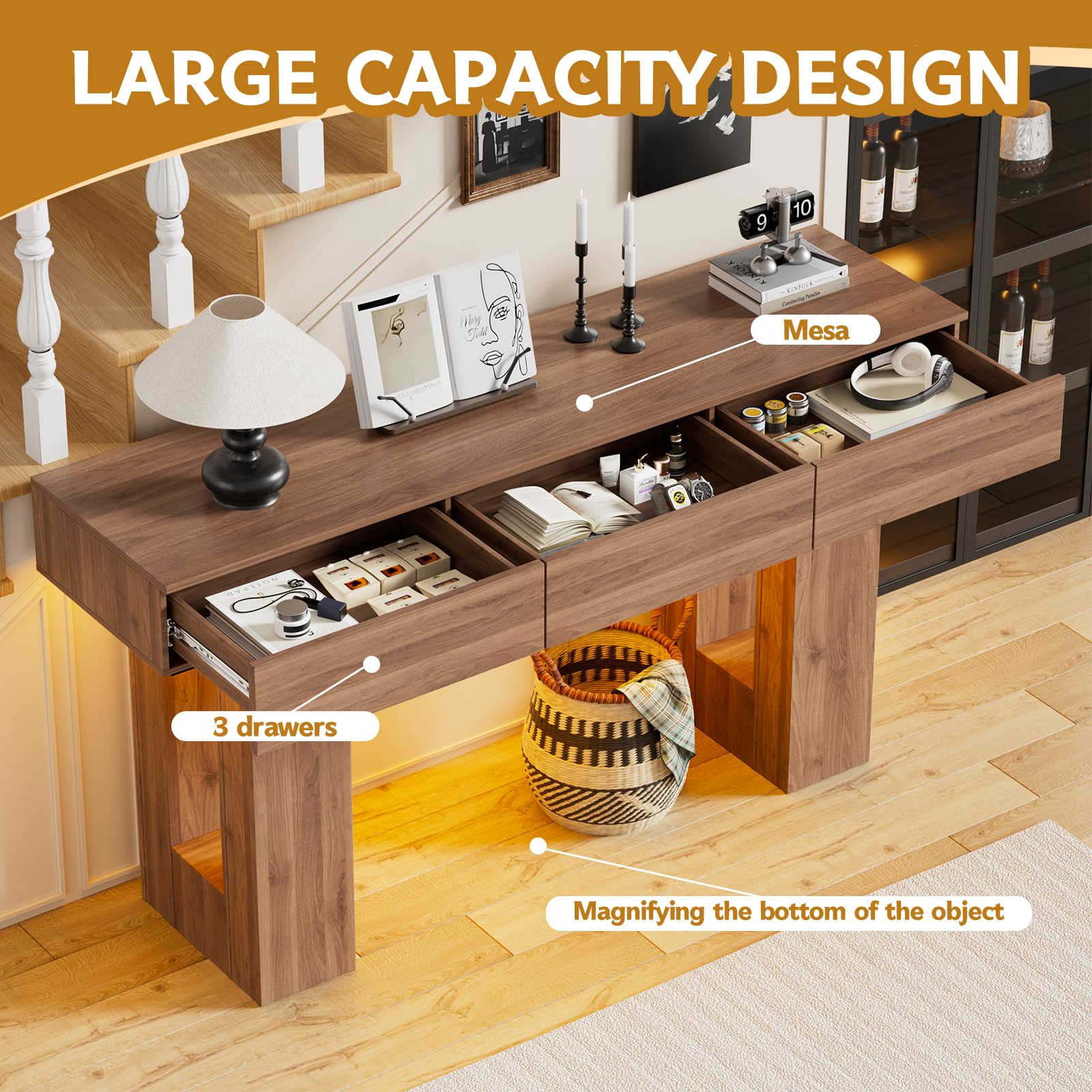 Tavolino Console da Ingresso Lungo 140CM Consolle Rettangolare con luci LED e 3 Cassetti Tavolino Consolle in Legno Tavolo d'Ingresso da Posizionare Dietro il Divano per Salotto,Corridoio e Entrata