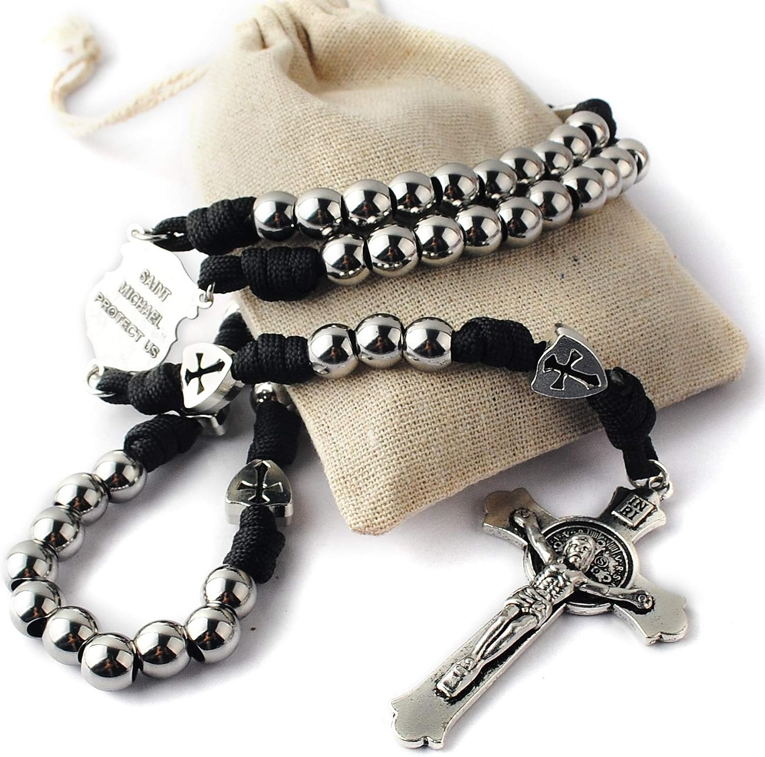HanlinCC Large and Heavy Stainless Steel Beads Rugged Durable Paracord Rosary Necklace for Men with St.Michael Center Piece and St.Benedict Crucifix